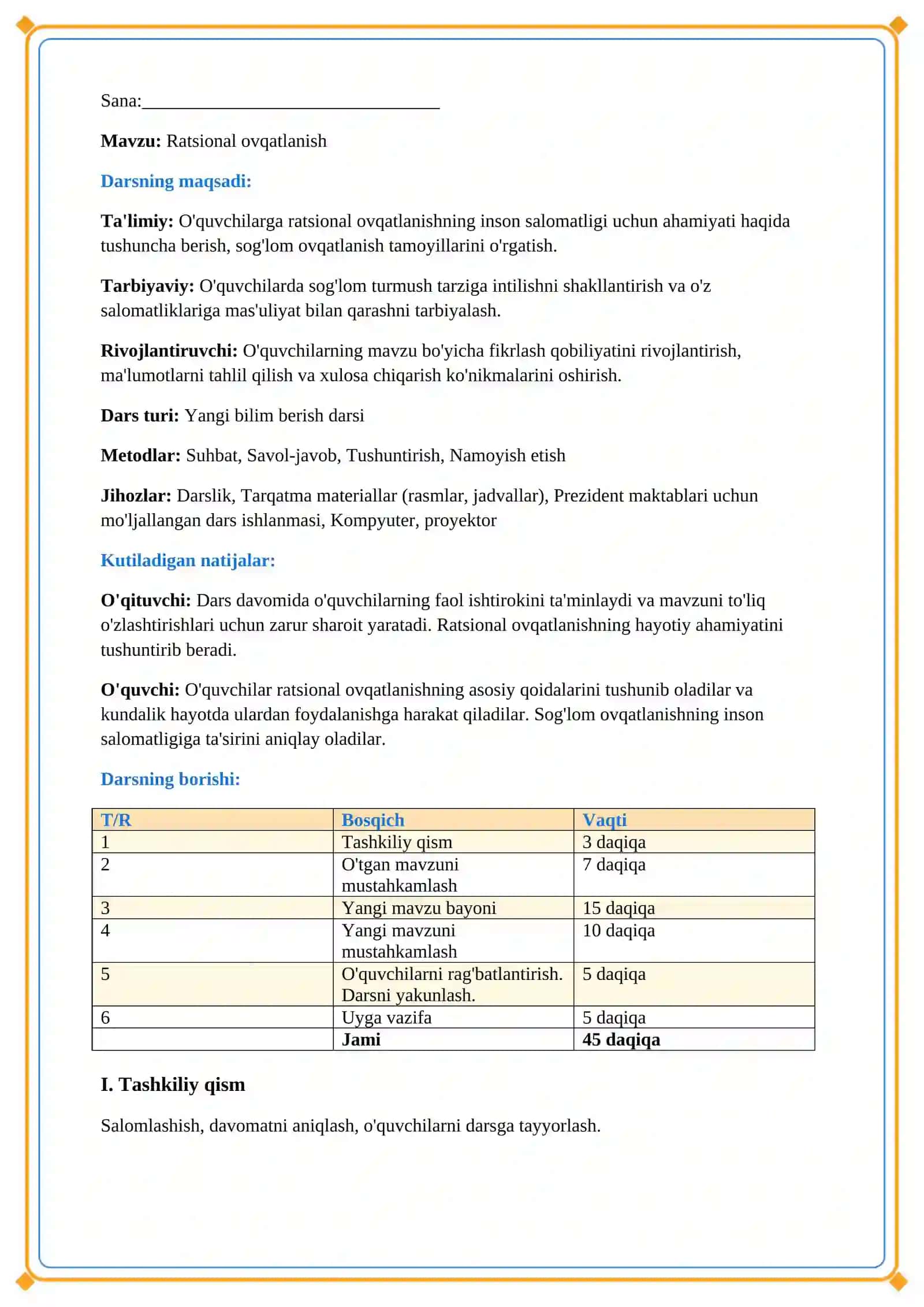 Lesson on Ratsional ovqatlanish 2
