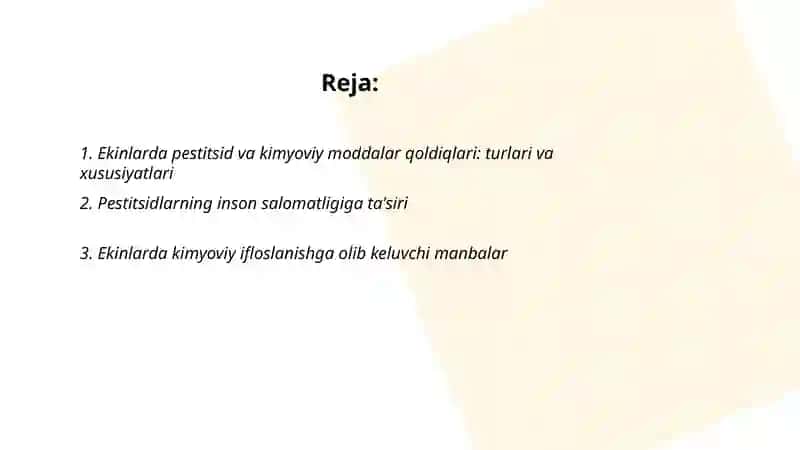 Ekinlarning pestitsidlar va kimyoviy moddalar bn ifloslanishi 2