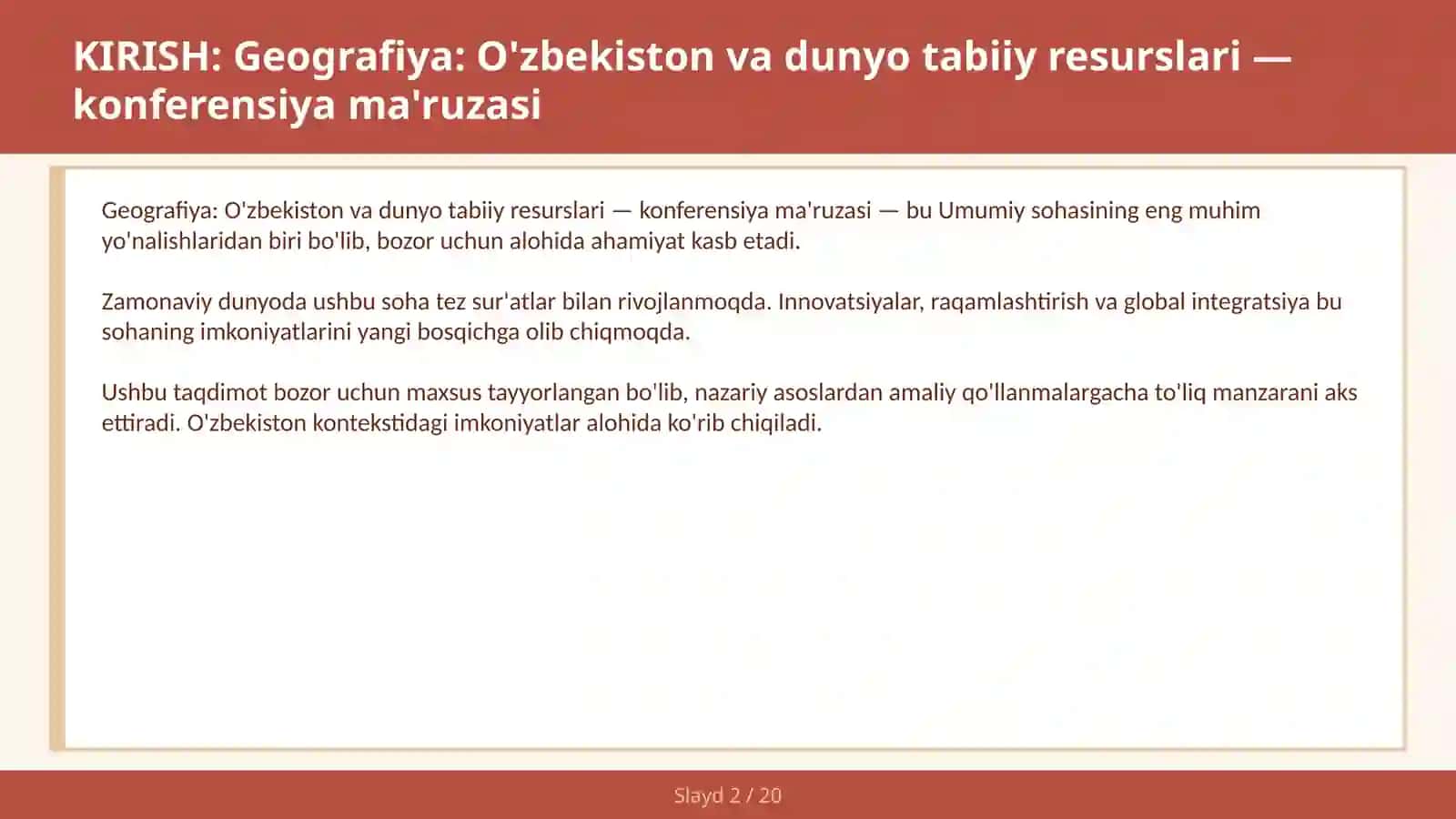 Geografiya: O'zbekiston va dunyo tabiiy resurslari — konferensiya ma'ruzasi 2