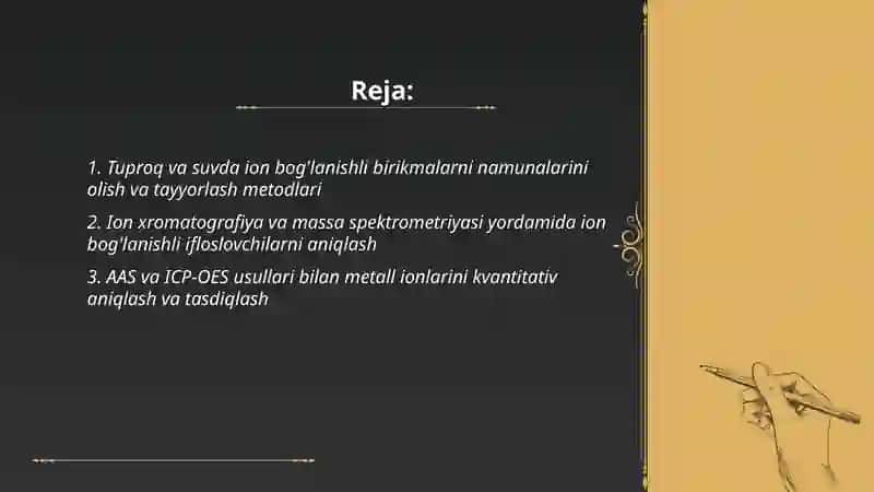 Tuproq va suvning ifloslanishida ion bog'lanishli birikmalarni aniqlab ulardan tozalash usulini ishlab chiqish 2