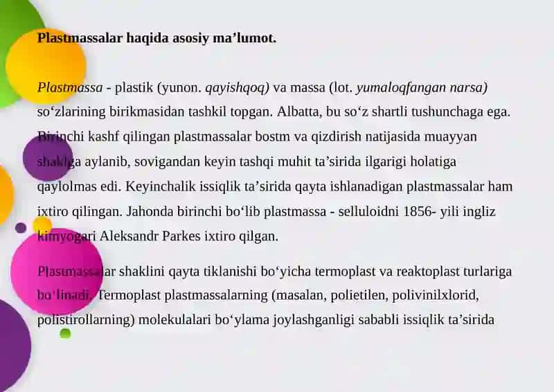 PLASTMASSALAR VA ULARNING O'RGANISH. TUZILISHINI 2