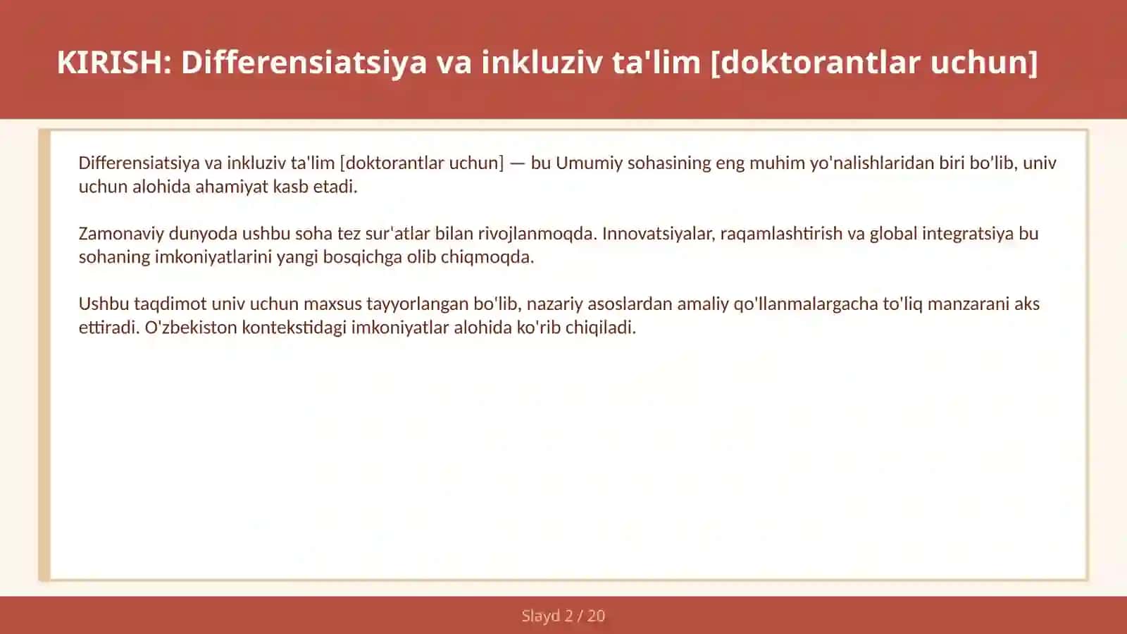 Differensiatsiya va inkluziv ta'lim [doktorantlar uchun] 2
