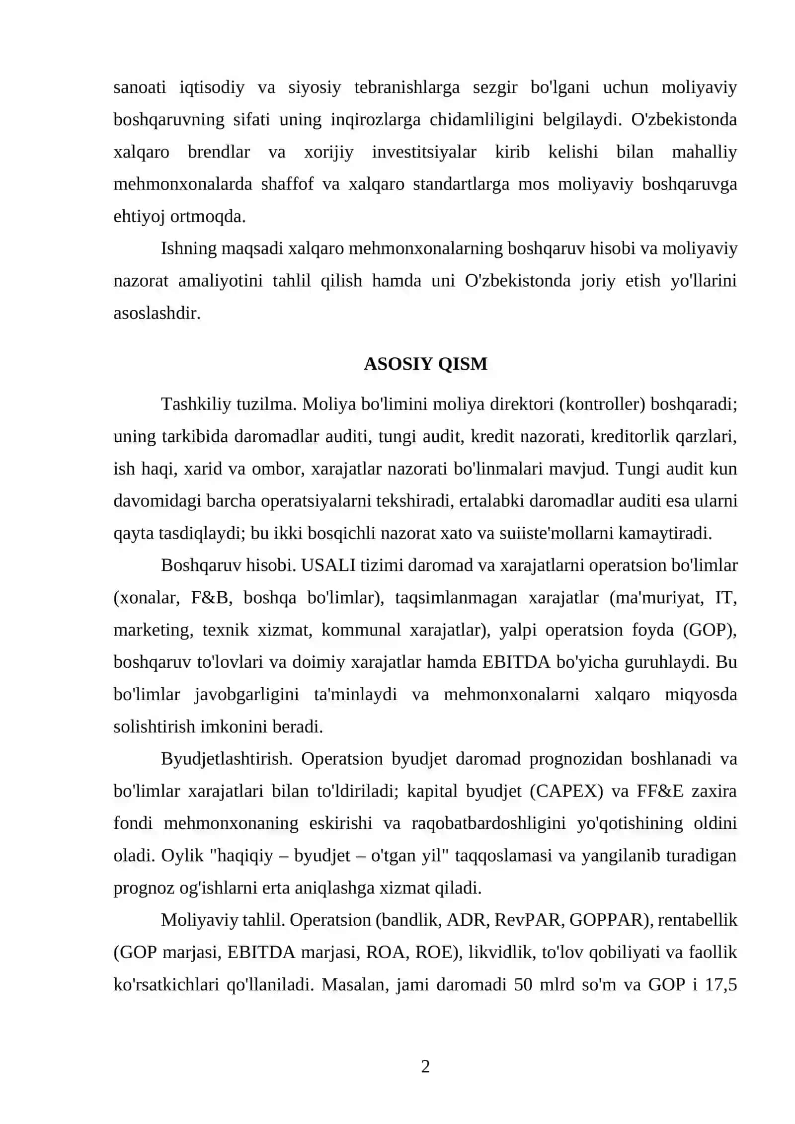 XALQARO MEHMONXONALARDA BOSHQARUV HISOBI VA MOLIYAVIY NAZORAT TIZIMINI O'ZBEKISTON AMALIYOTIGA JORIY ETISH 2