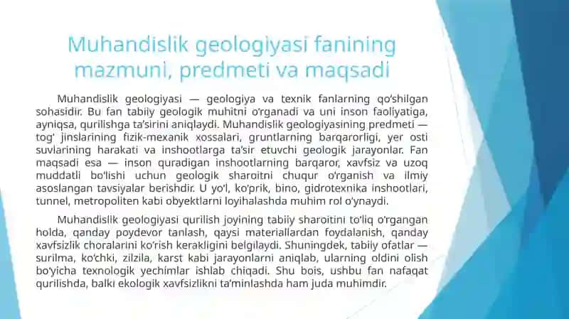 Muhandislik geologiyasi fanining maqsadi va vazifalari 2