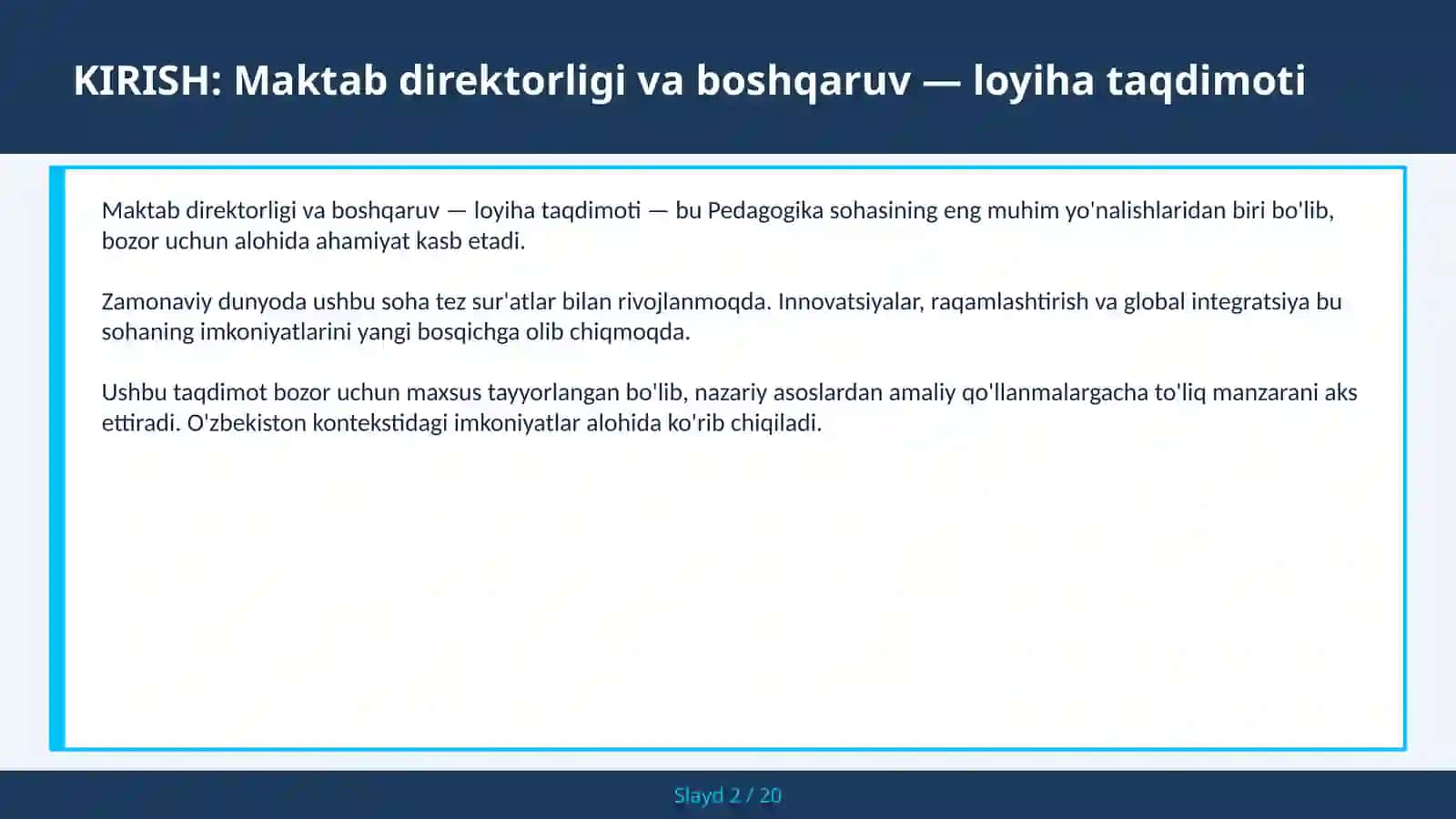 Maktab direktorligi va boshqaruv — loyiha taqdimoti 2