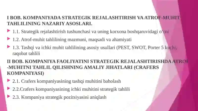 KOMPANIYA  FAOLIYATINI  STRATEGIK REJALASHTIRISHDA  ATROF-MUHITNI  TAHLIL QILISH  ZARURATI 2