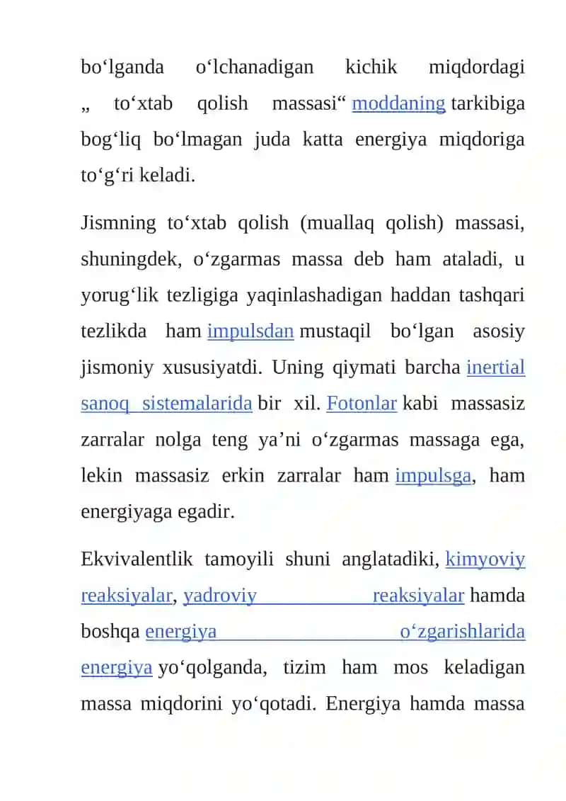 Massa va energiyaning o’zaro bog’liqligi qonuni 2