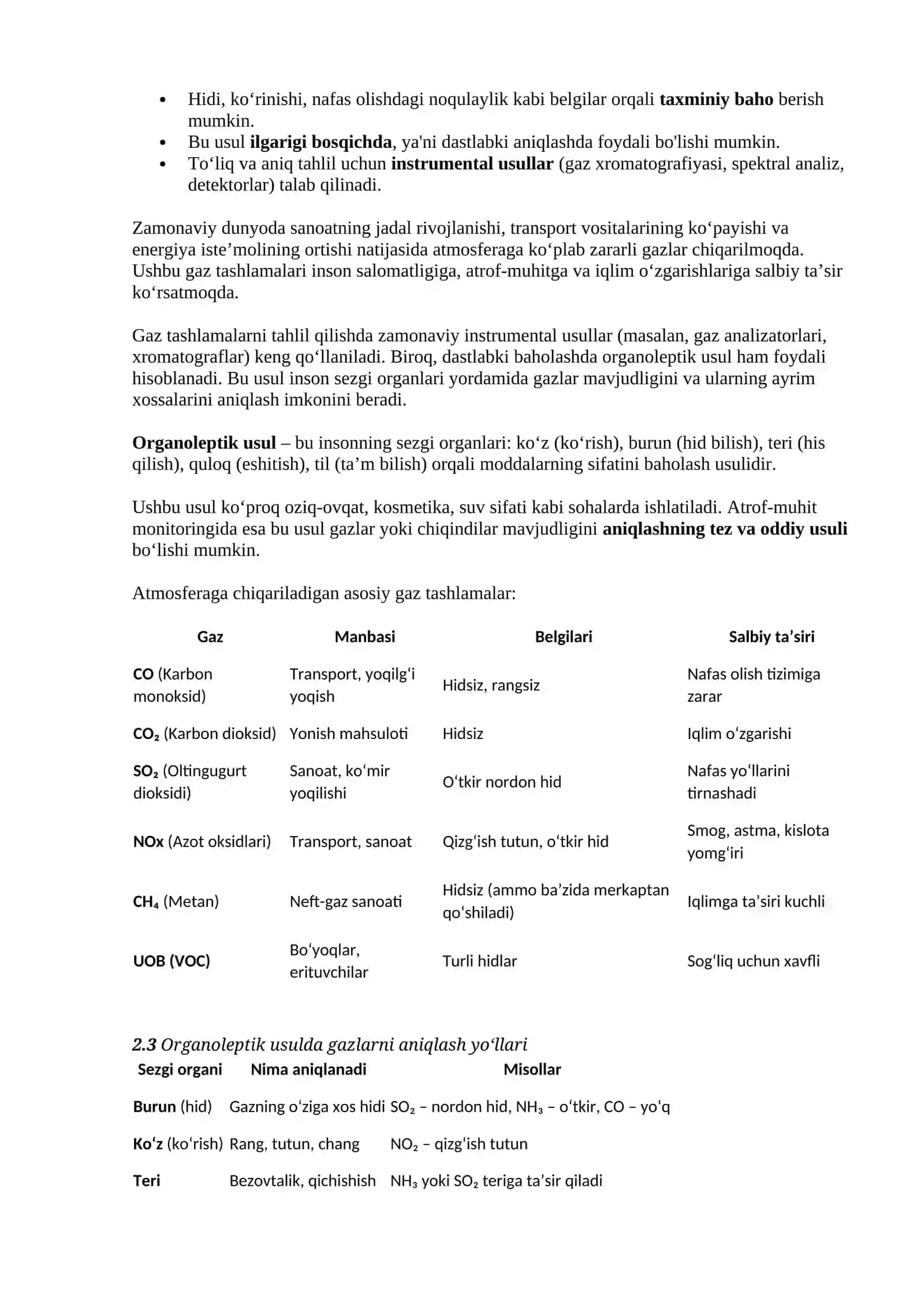 Gaz tashlamalari tarkibini orgonoliptik usulda aniqlash 2
