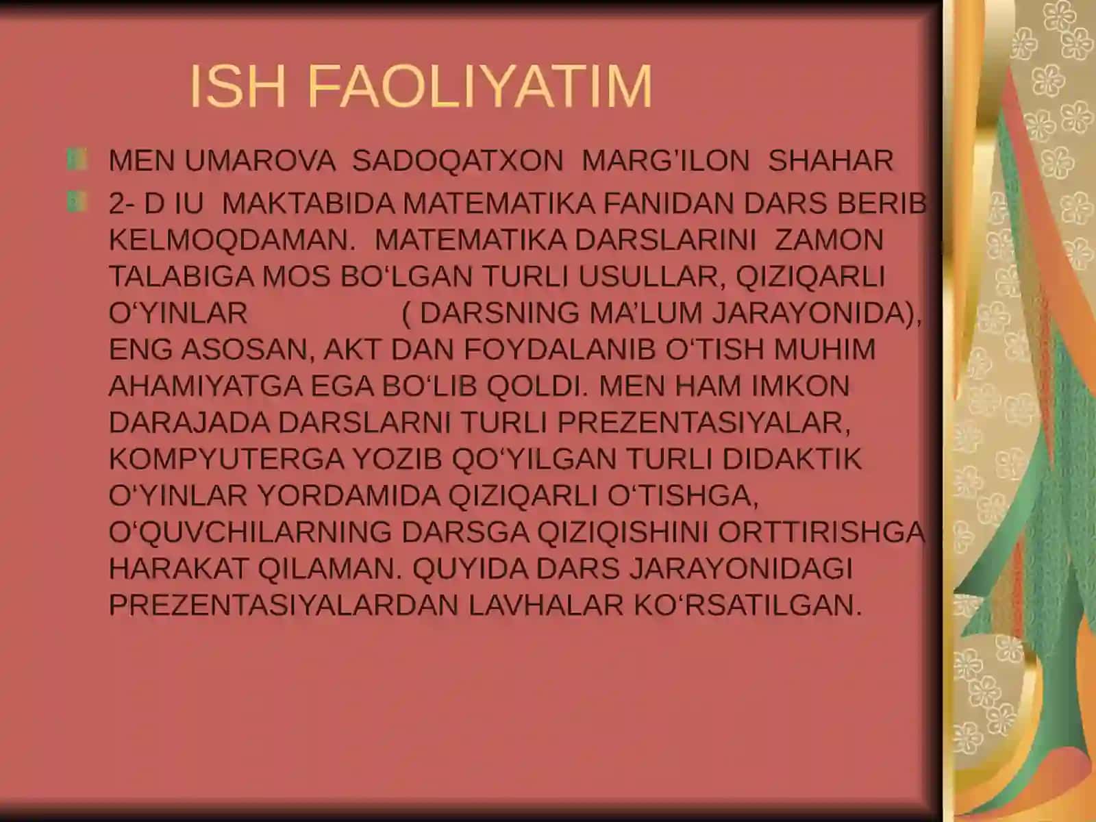 MATEMATIKA FANI O‘QITUVCHISI SADOQATXON UMAROVANING ISH FAOLIYATI 2