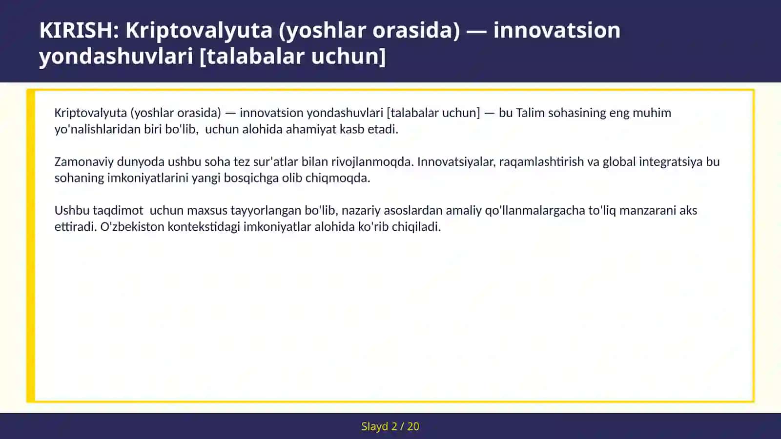 Kriptovalyuta (yoshlar orasida) — innovatsion yondashuvlari [talabalar uchun] 2