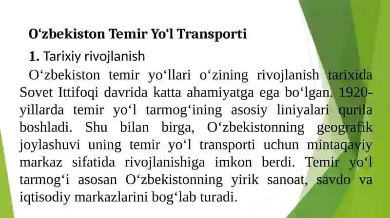 O‘zbekiston va xorijiy mamlakatlarda temir yo‘l transporti ishini o‘rganish 2