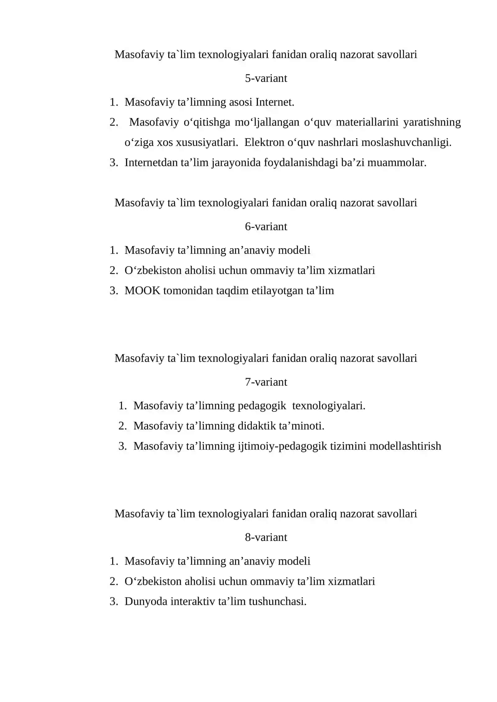 Masofaviy ta`lim texnologiyalari fanidan oraliq nazorat savollari 2
