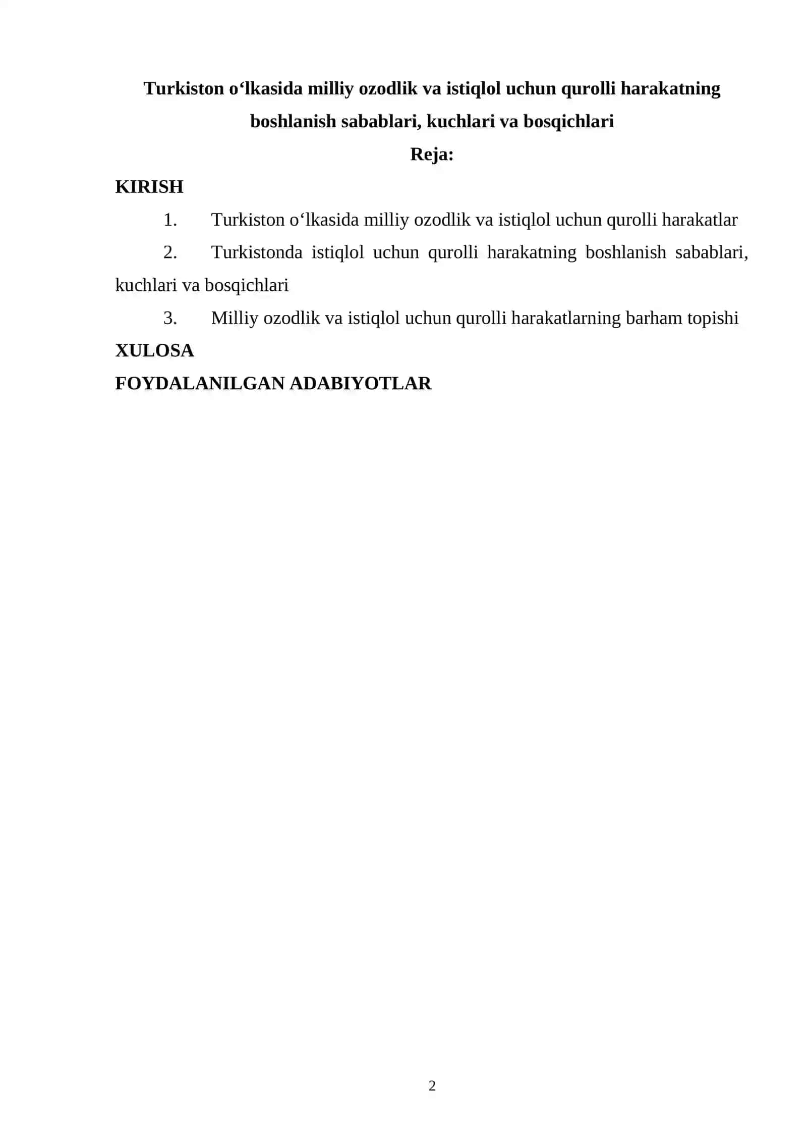 Turkiston o‘lkasida milliy ozodlik va istiqlol uchun qurolli harakatning boshlanish sabablari, kuchlari va bosqichlari 2