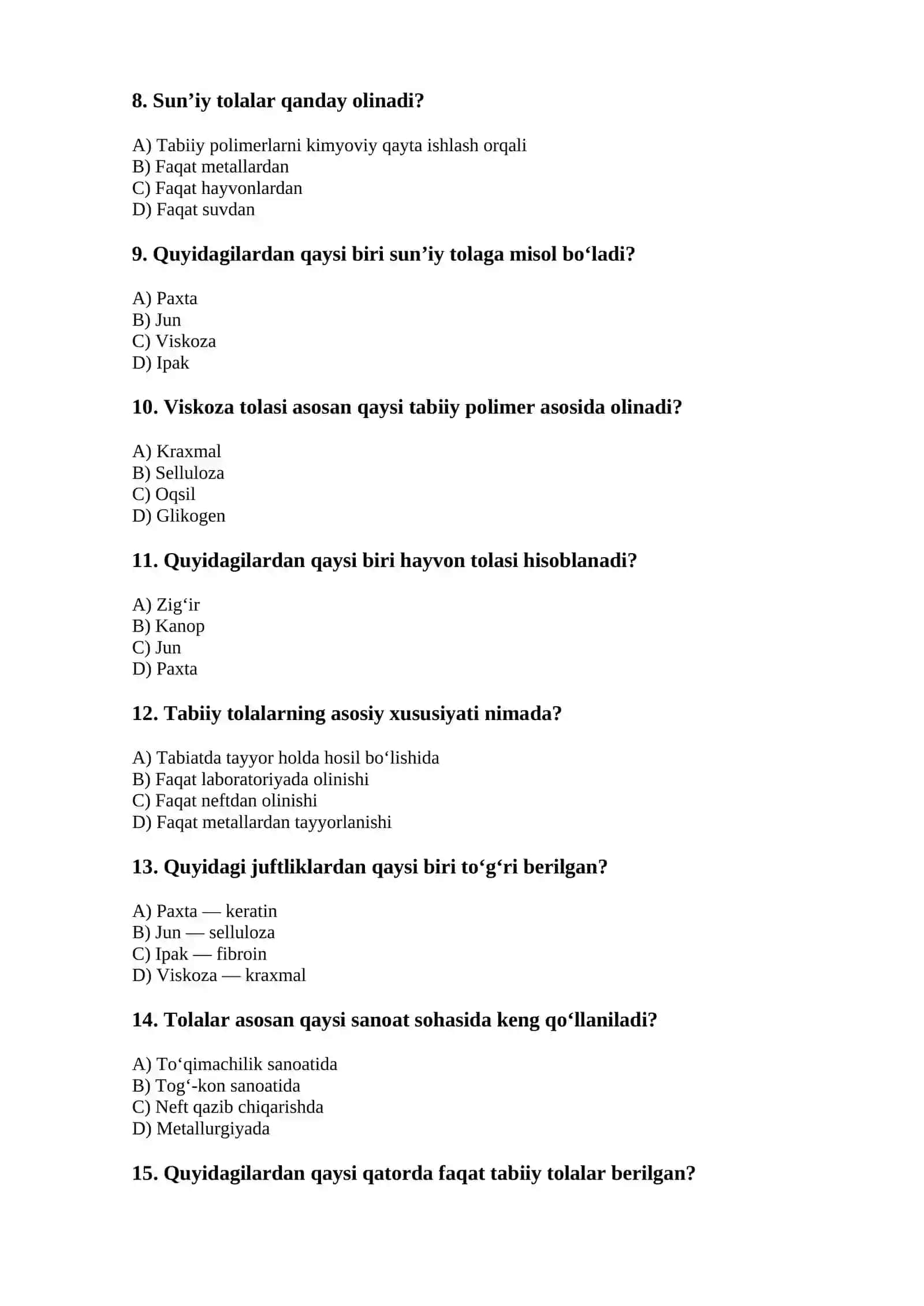 Tabiiy va sun’iy tolalar — 15 ta test 2