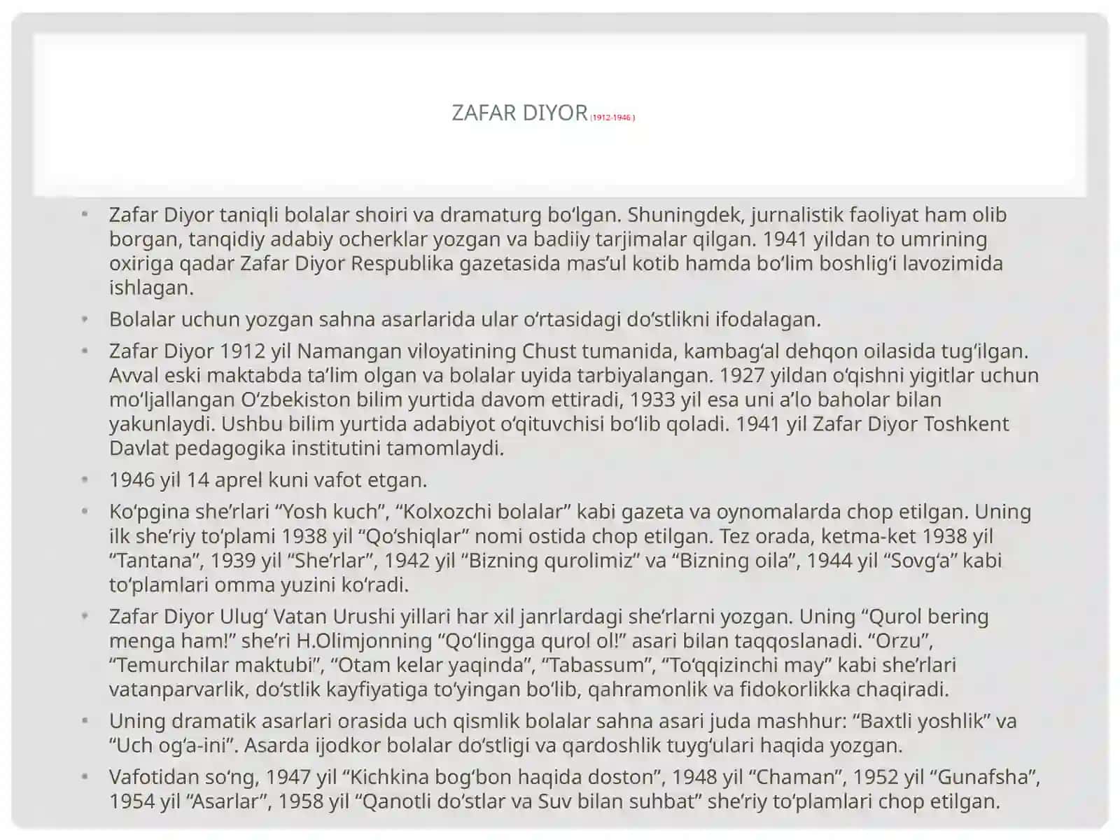 Zafar Diyor, Sulton Joʻra va Sh.Sa’dullaning hayoti va ijodi. Hakim Nazir, Poʻlat Moʻmin va Qudrat Hikmatning hayoti va ijodi.Bolalar fol'klori tabiati va janriy tarkibi. [] va Farhod Musajon hayoti va ijodi 2