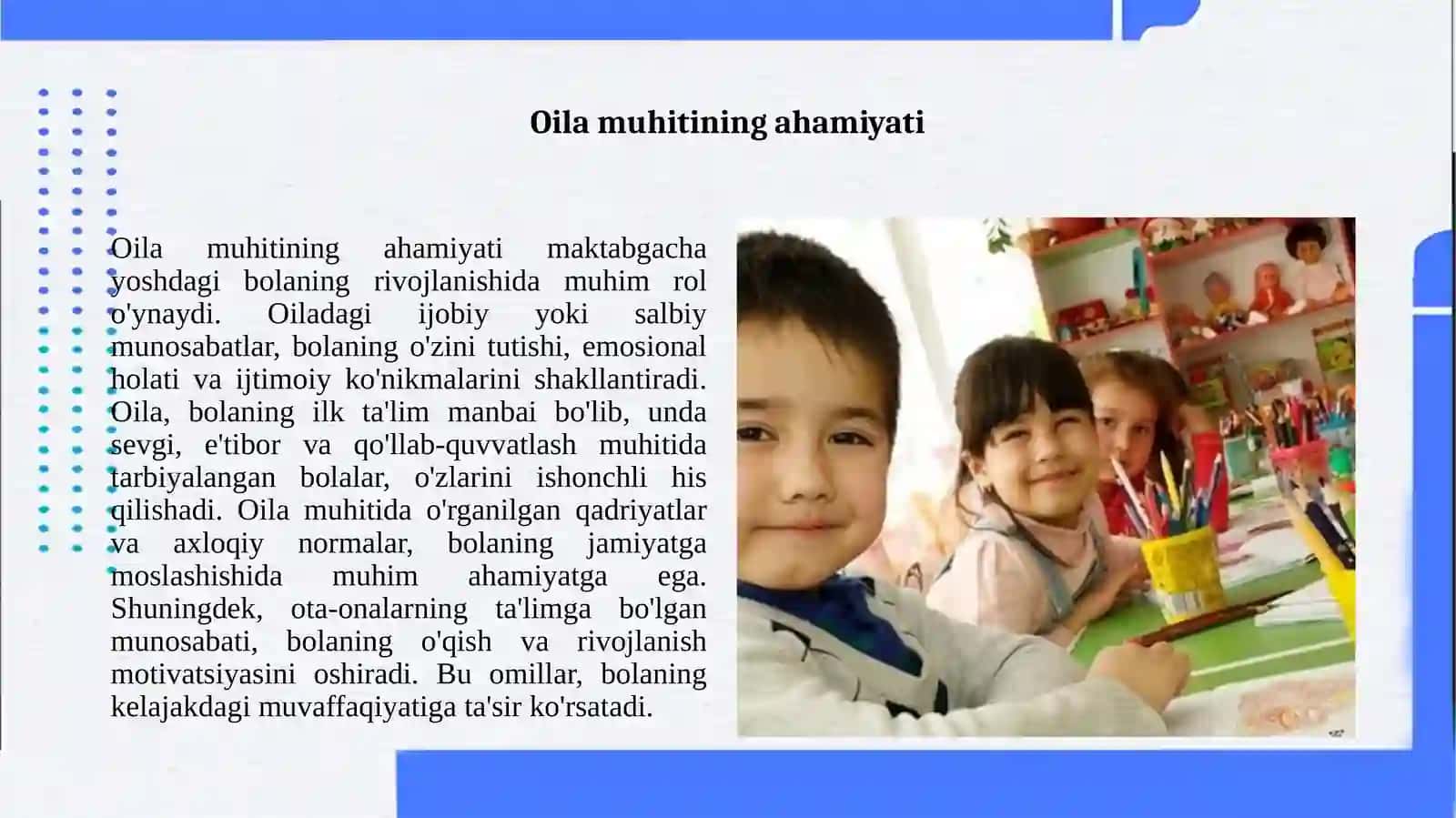 Maktabgacha yoshdagi bolaning rivojlanishiga tа’sir ko‘rsatuvchi faktorlar. 2