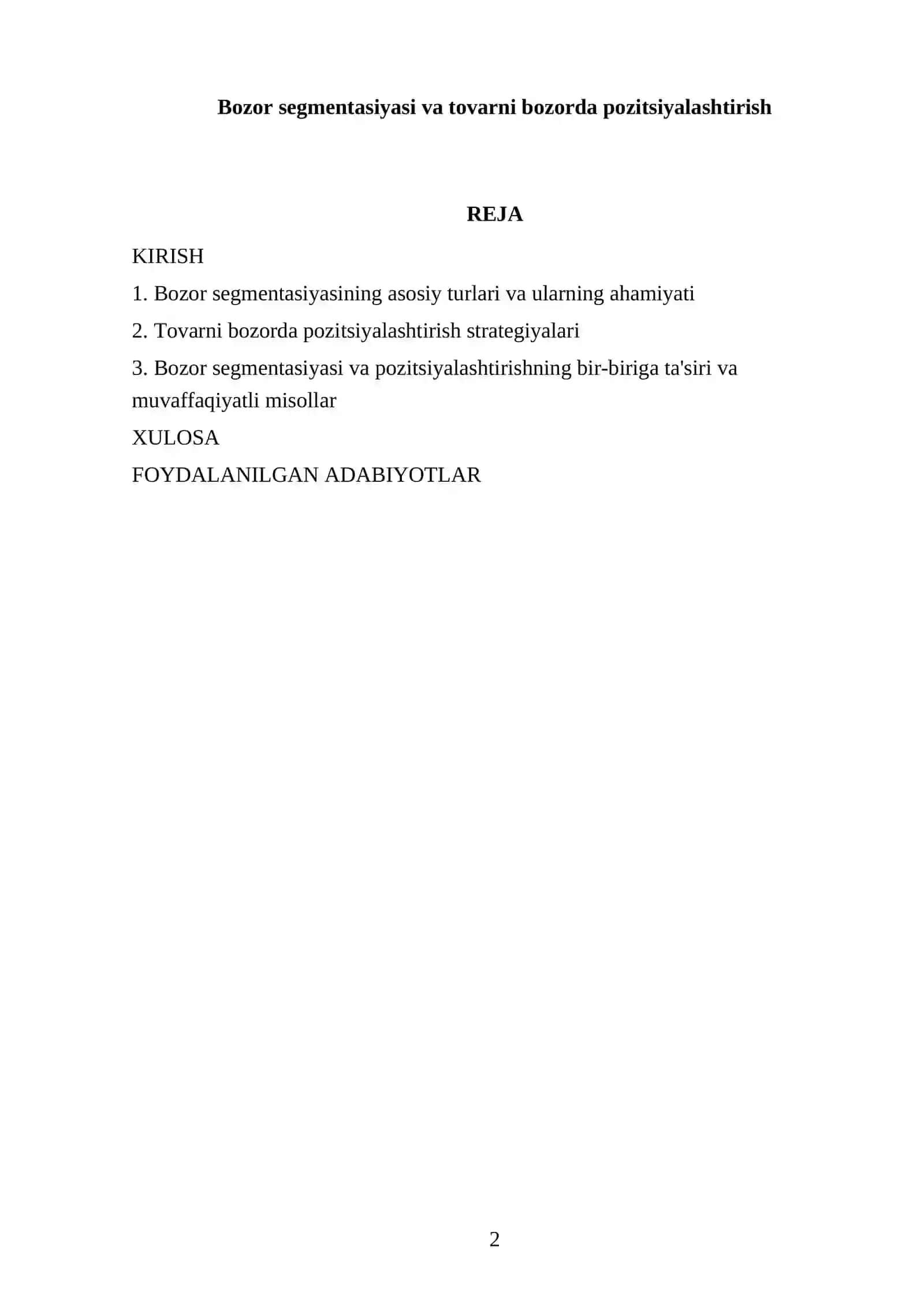 Bozor segmentasiyasi va tovarni bozorda pozitsiyalashtirish 2