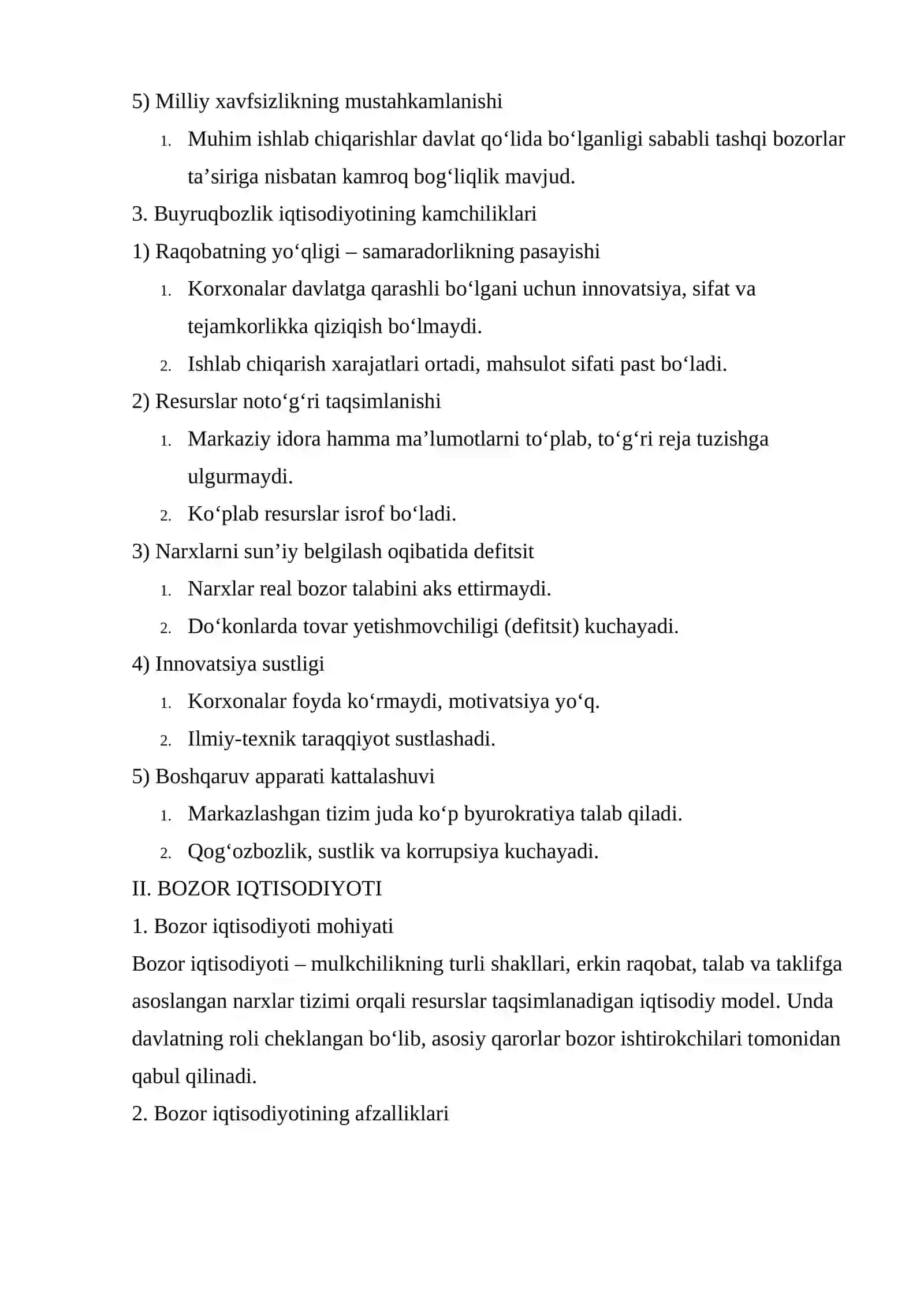 BUYRUQBOZLIK VA BOZOR IQTISODIYOTI TIZIMLARINING AFZALLIKLARI VA KAMCHILIKLARI 2