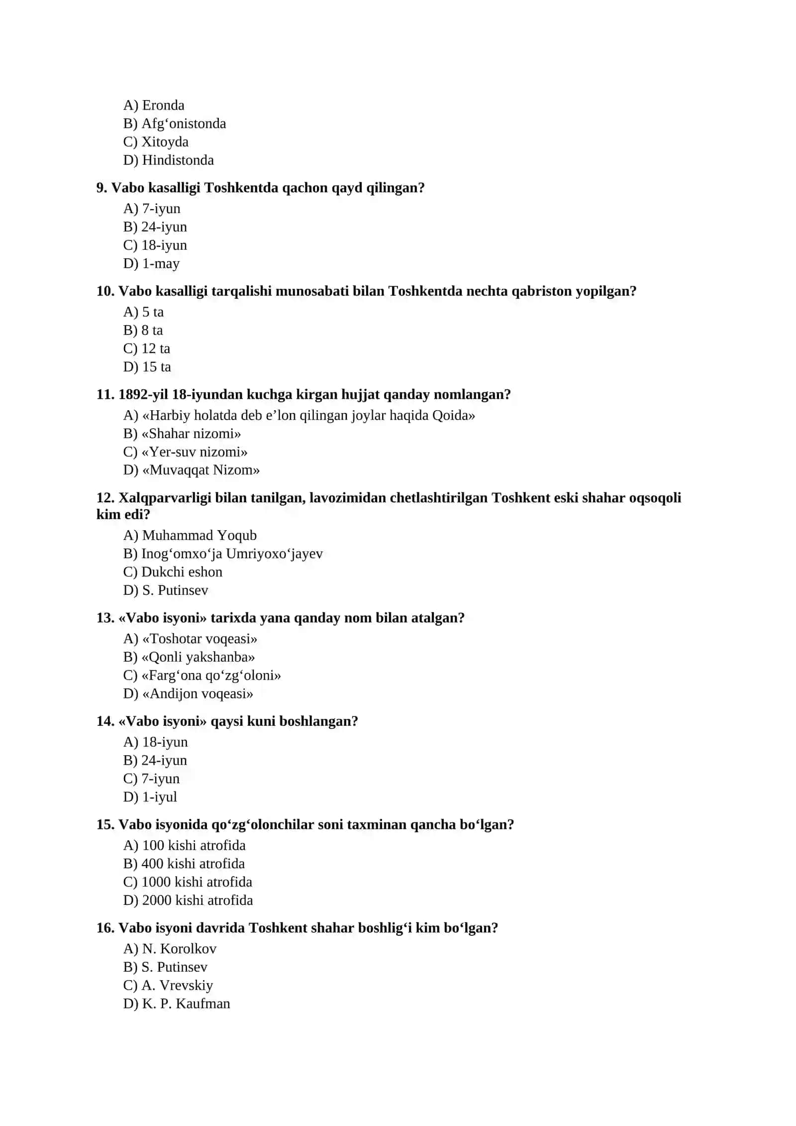 Mavzulashtirilgan testlar | 9-SINF O‘ZBEKISTON TARIXI IV boʻlim 2