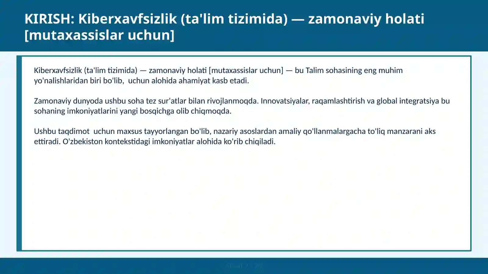 KIBERXAVFSIZLIK (TA'LIM TIZIMIDA) — ZAMONAVIY HOLATI [MUTAXASSISLAR UCHUN] 2