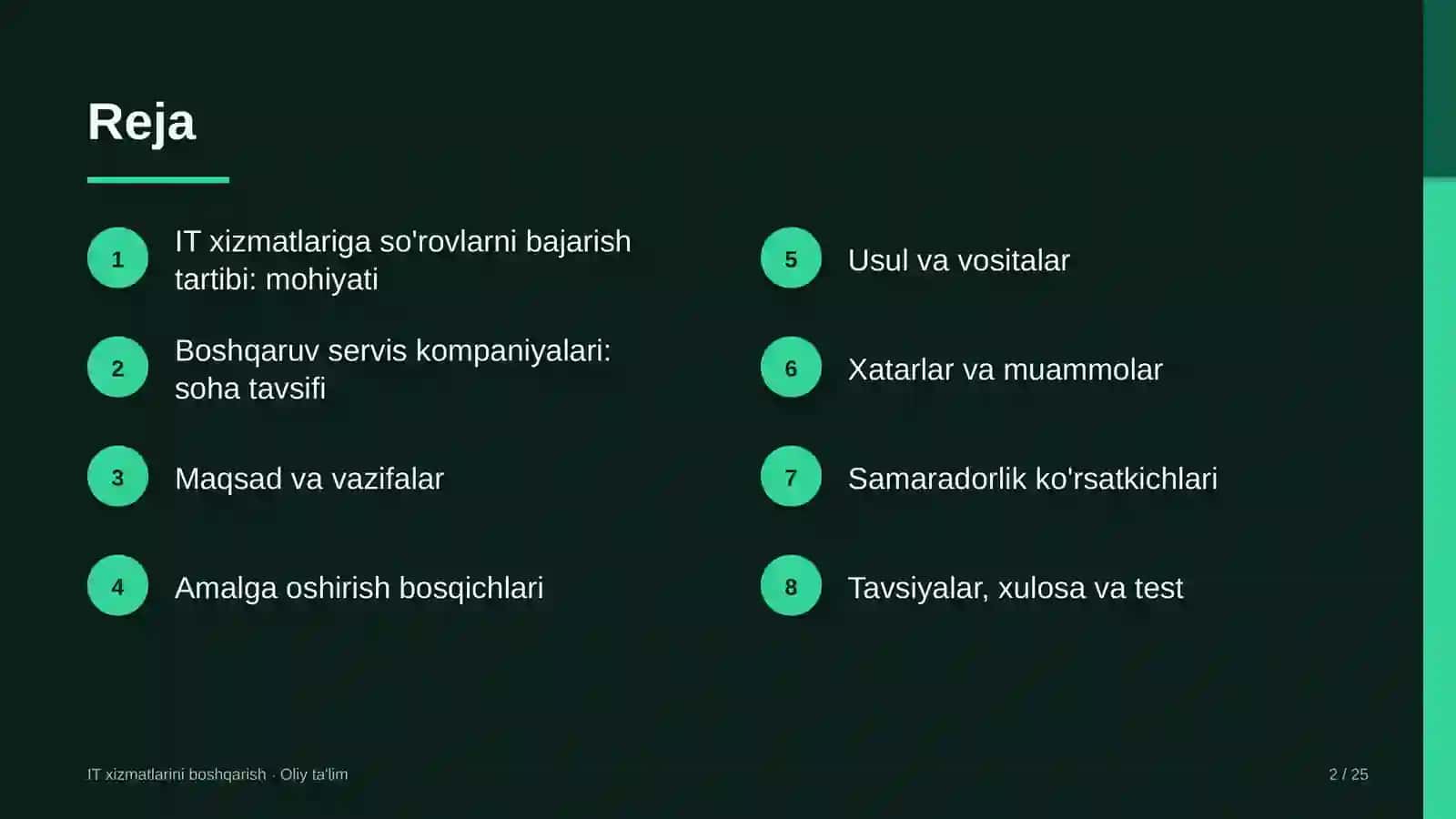 IT xizmatlarini boshqarish · Oliy ta'lim 2