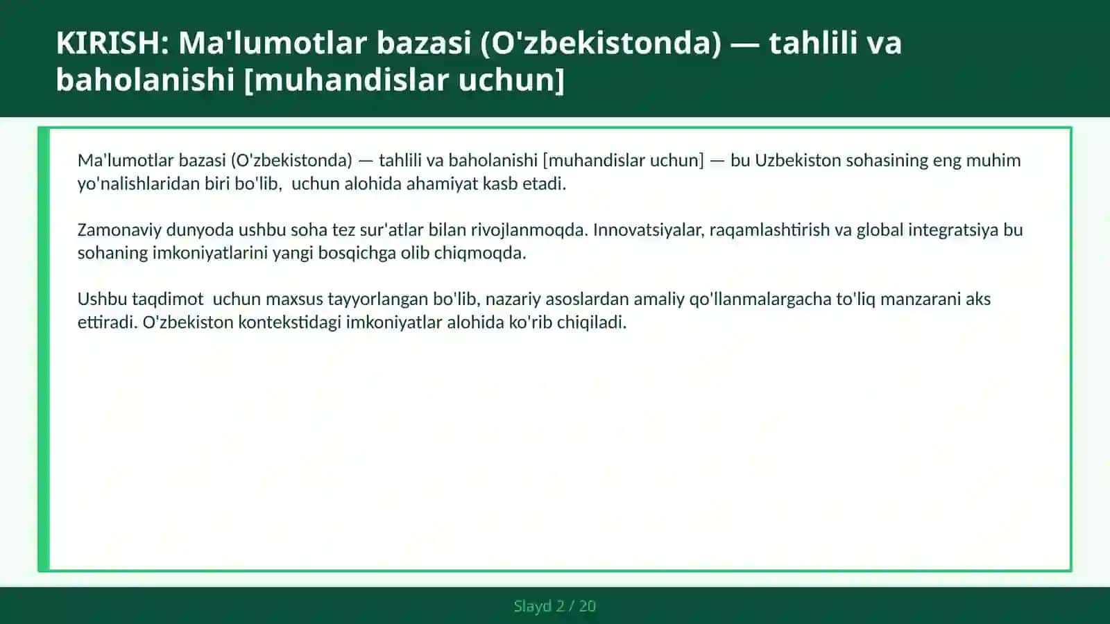Ma'lumotlar bazasi (O'zbekistonda) — tahlili va baholanishi [muhandislar uchun] 2