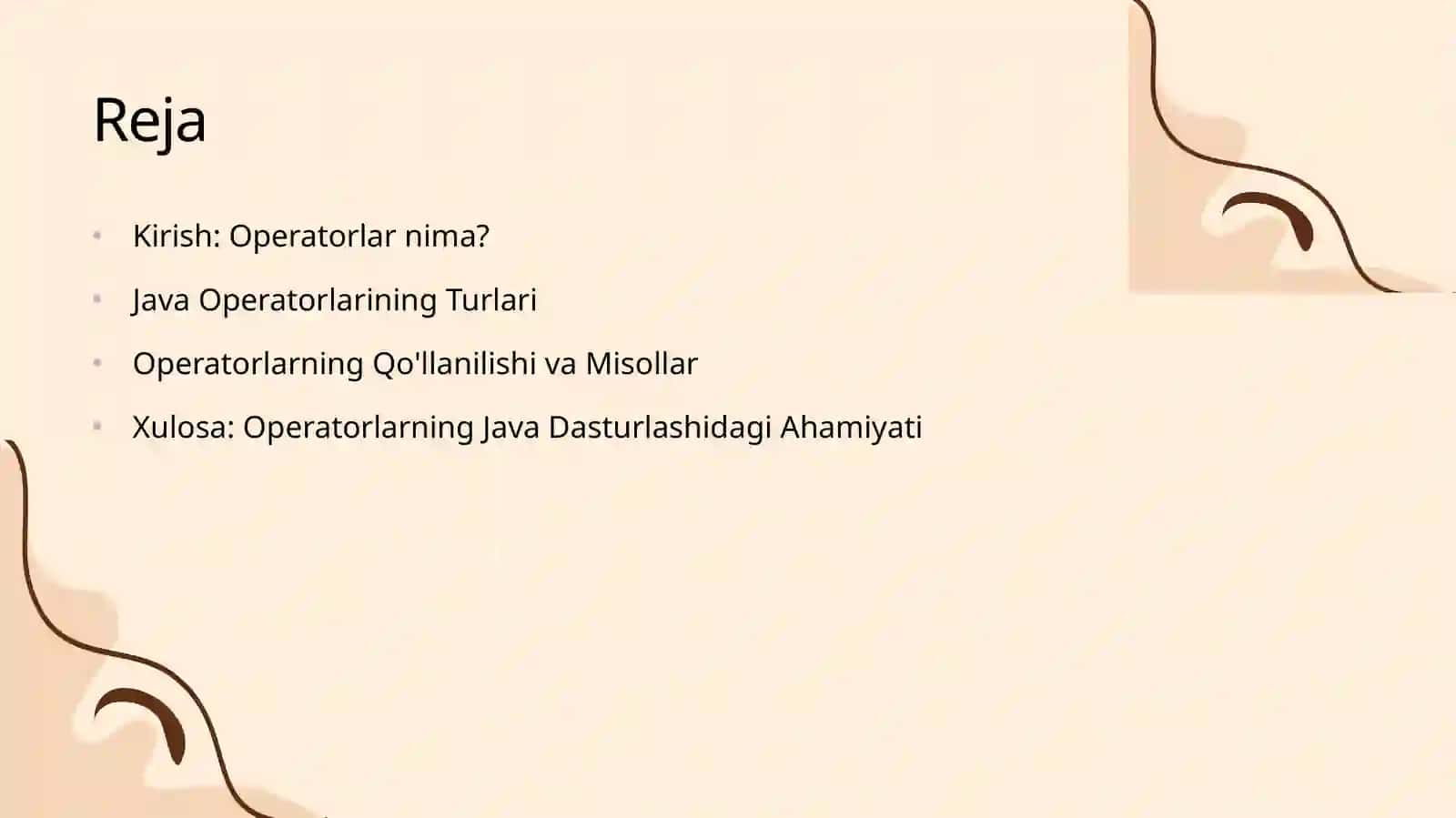 Java tili operatorlari mavzusida tayyor taqdimoti slaydi. 2