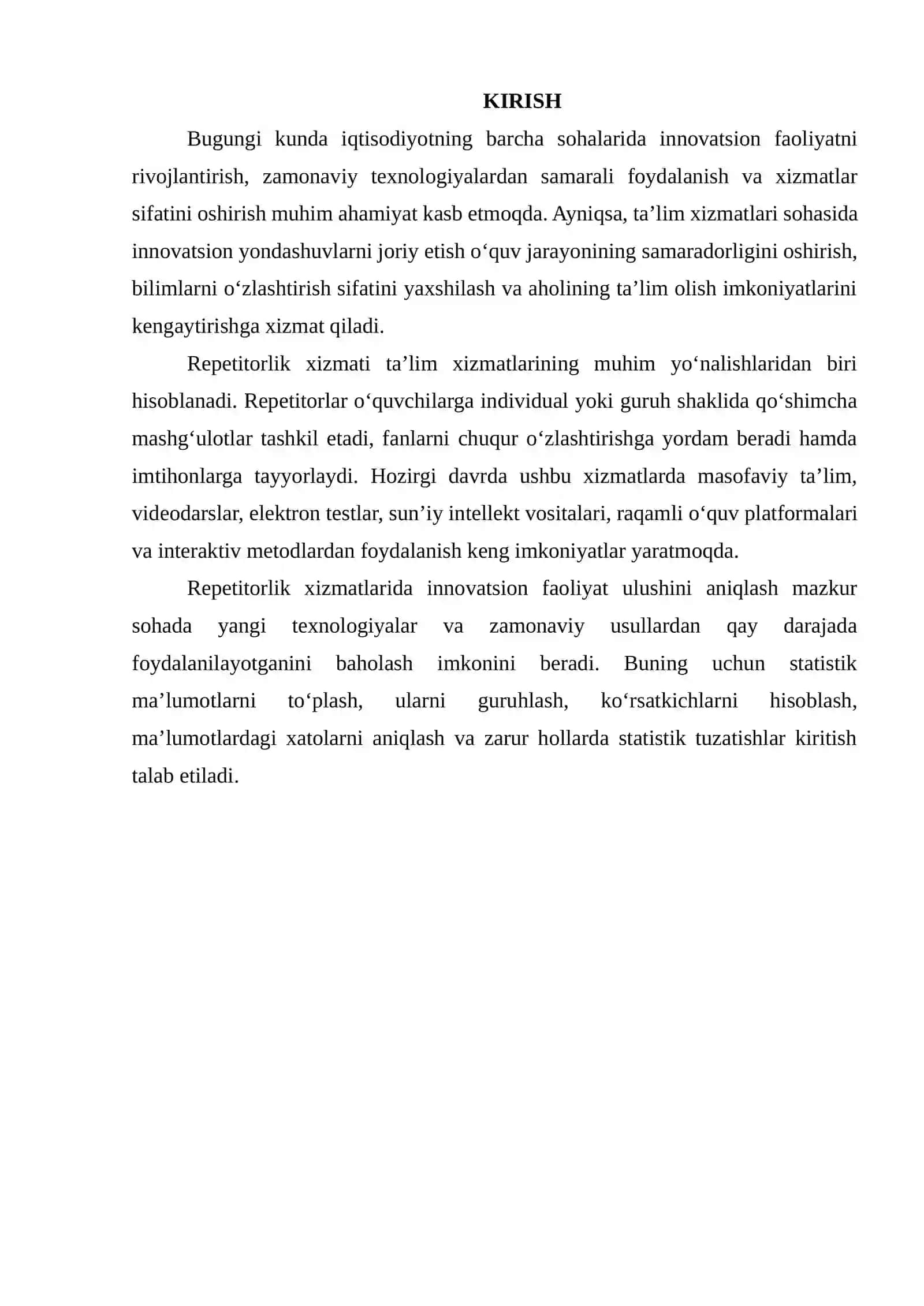 Repetitorlik xizmati innovatsion faoliyati ulushini aniqlash bo‘yicha statistik tuzatish dasturini ishlab chiqish 2