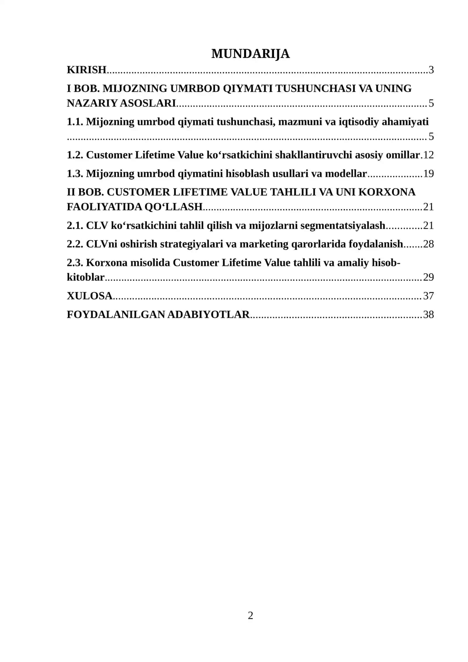 MIJOZNING UMRBOD QIYMATI (CUSTOMER LIFETIME VALUE — CLV) TAHLILI 2