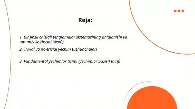 Bir jinsli chiziqli tenglamalar sistemasini fundamental yechimlar tizimi 2