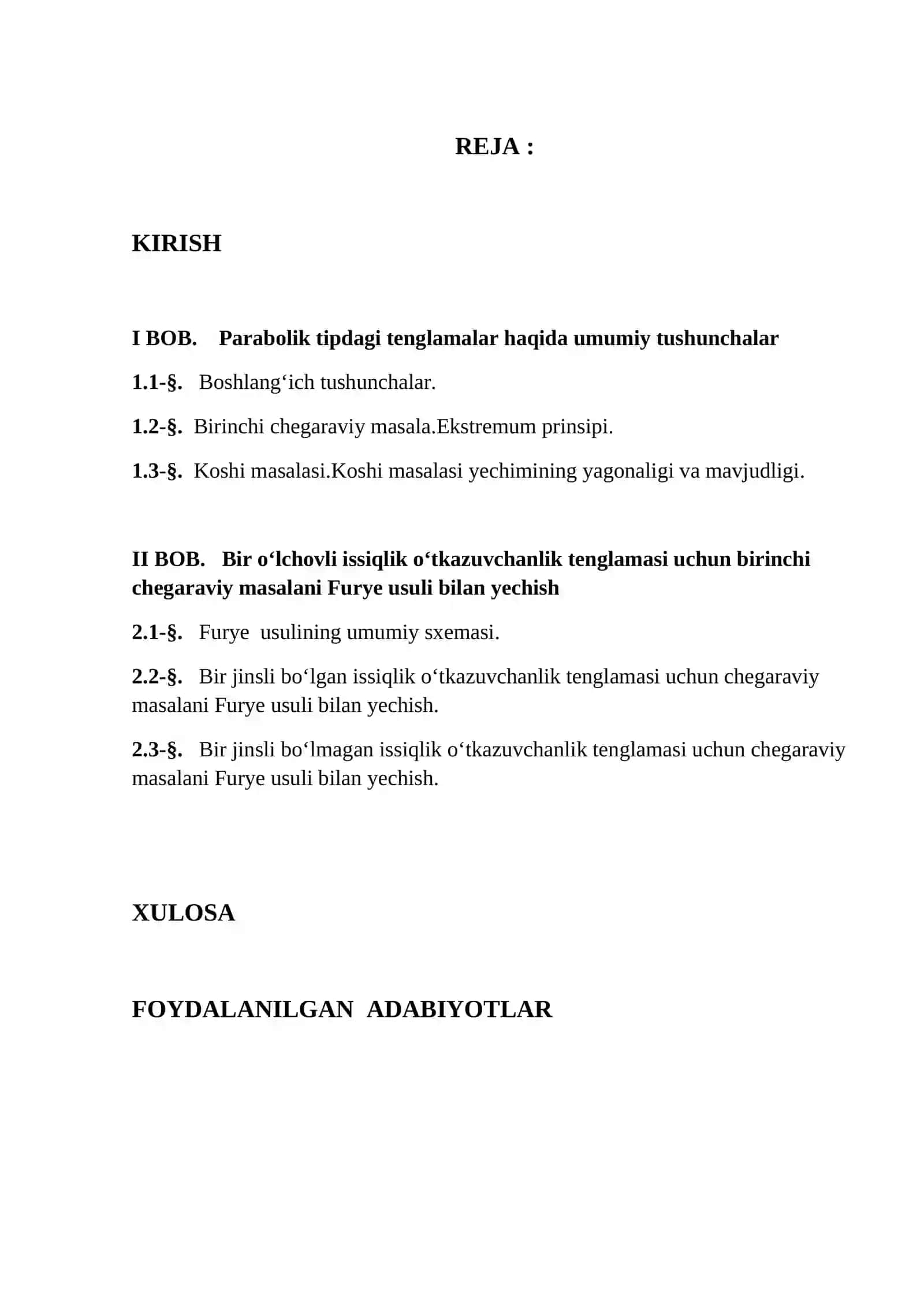 Bir o‘lchovli issiqlik o‘tkazuvchanlik tenglamasi uchun birinchi chegaraviy masalalarni Furye usuli bilan yechish 2