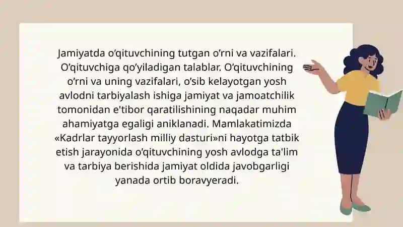 Mustaqil taʼlim. Jamiyatda o'qituvchining roli. 2