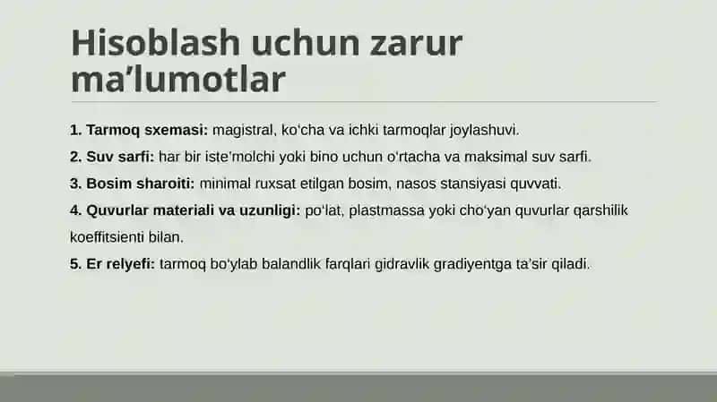 Tarmoqlarni gidravlik hisoblash. Ko'cha tarmoqlarni hisoblash ko'ndalang profilini chizish 2