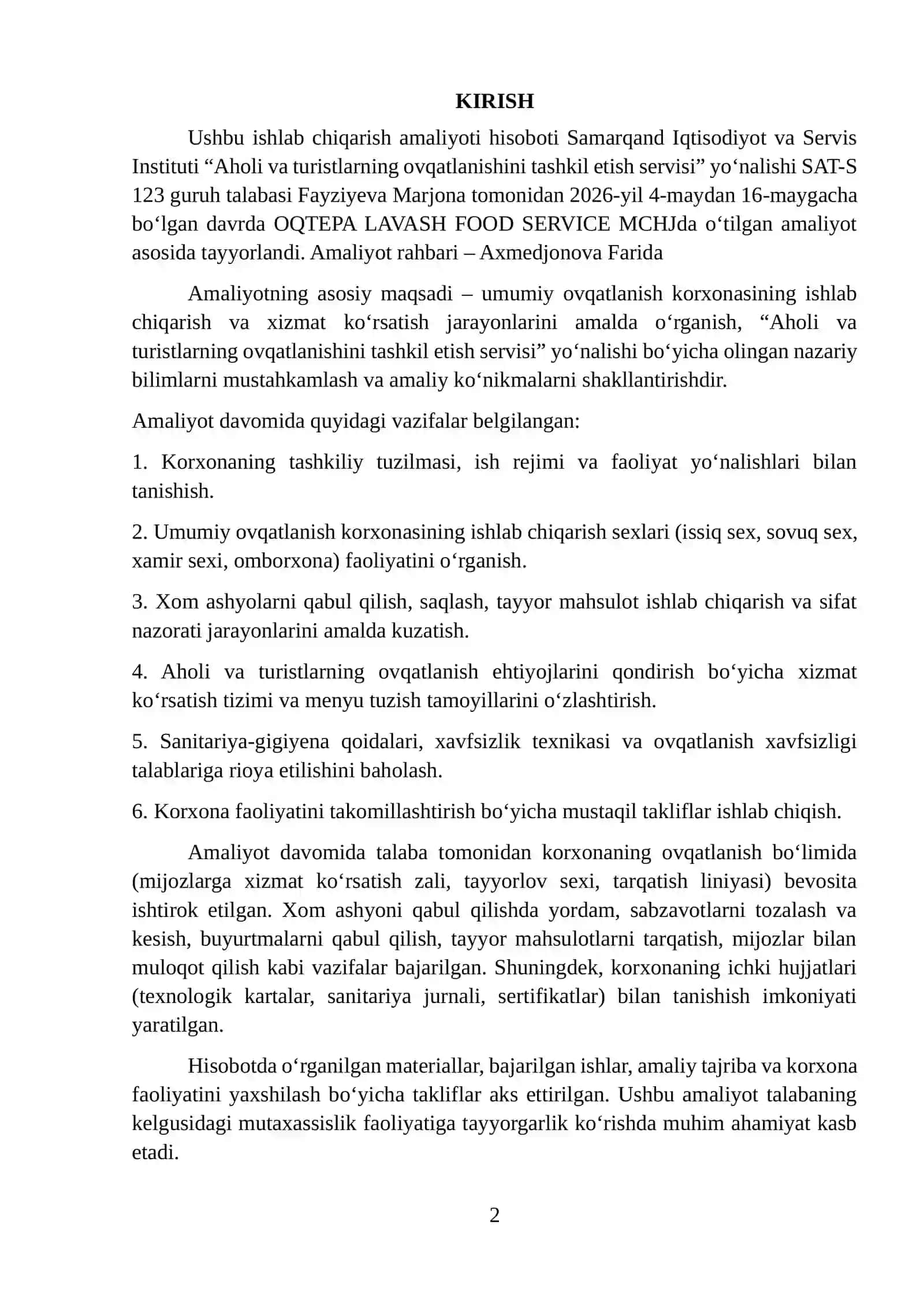 OQTEPA LAVASH FOOD SERVICE MCHJda o‘tilgan amaliyot hisoboti. 2