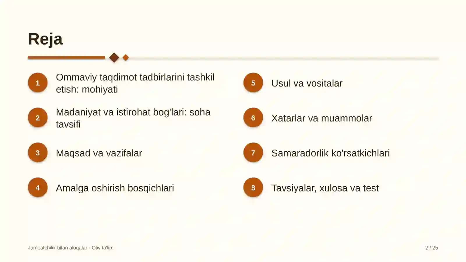 Madaniyat va istirohat bog'larida ommaviy taqdimot tadbirlarini tashkil etish 2