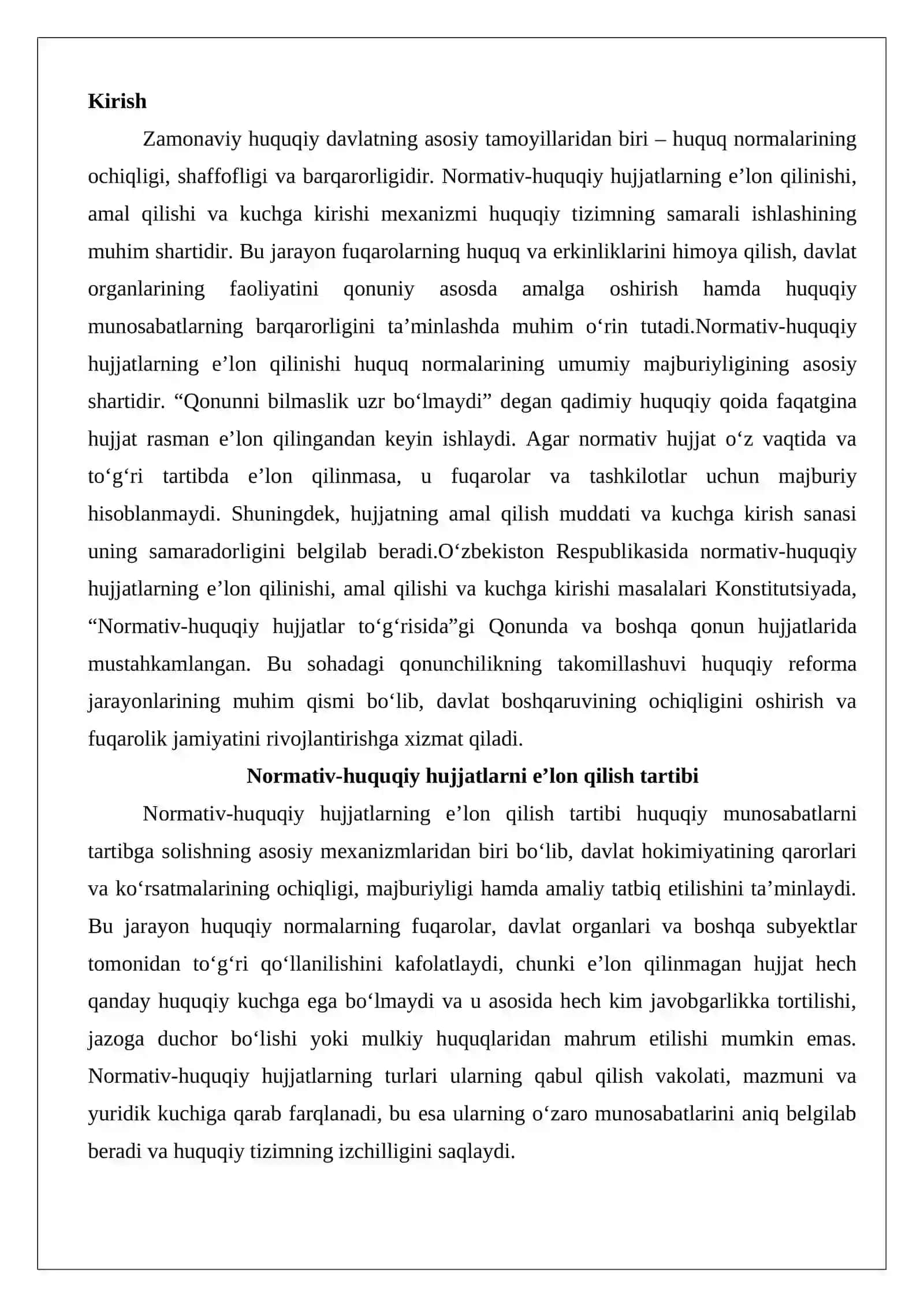 Normativ-huquqiy hujjatlarni e’lon qilish, amal qilish va kuchga kirishi 2