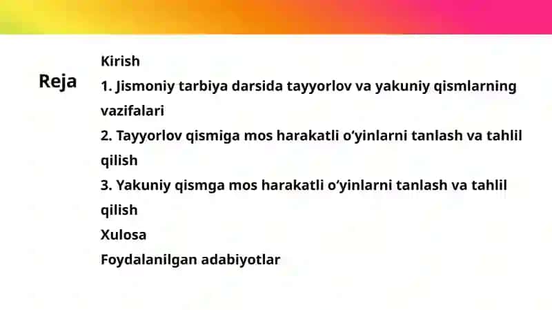 Jismoniy Tarbiya Darsi Tayyorlov va Yakuniy Qismi Ga Mosh Sharhakatlarni Tanlash va Tahlil Qilish 2
