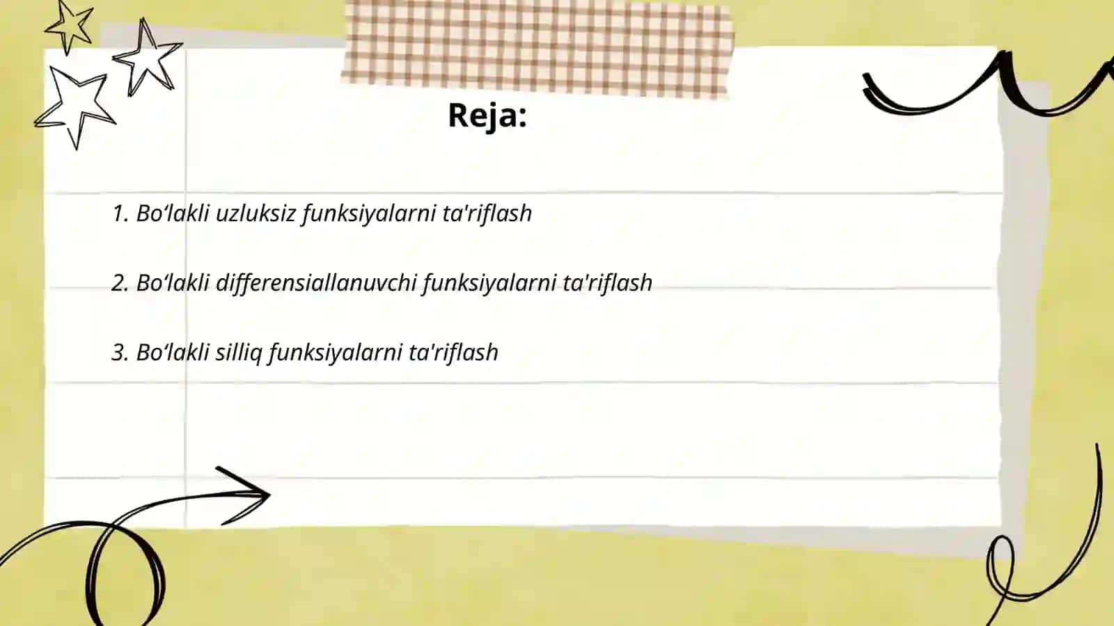 Boʻlakli - uzluksiz, boʻlakli - differensiallanuvchi va boʻlakli- silliq funksiyalar 2