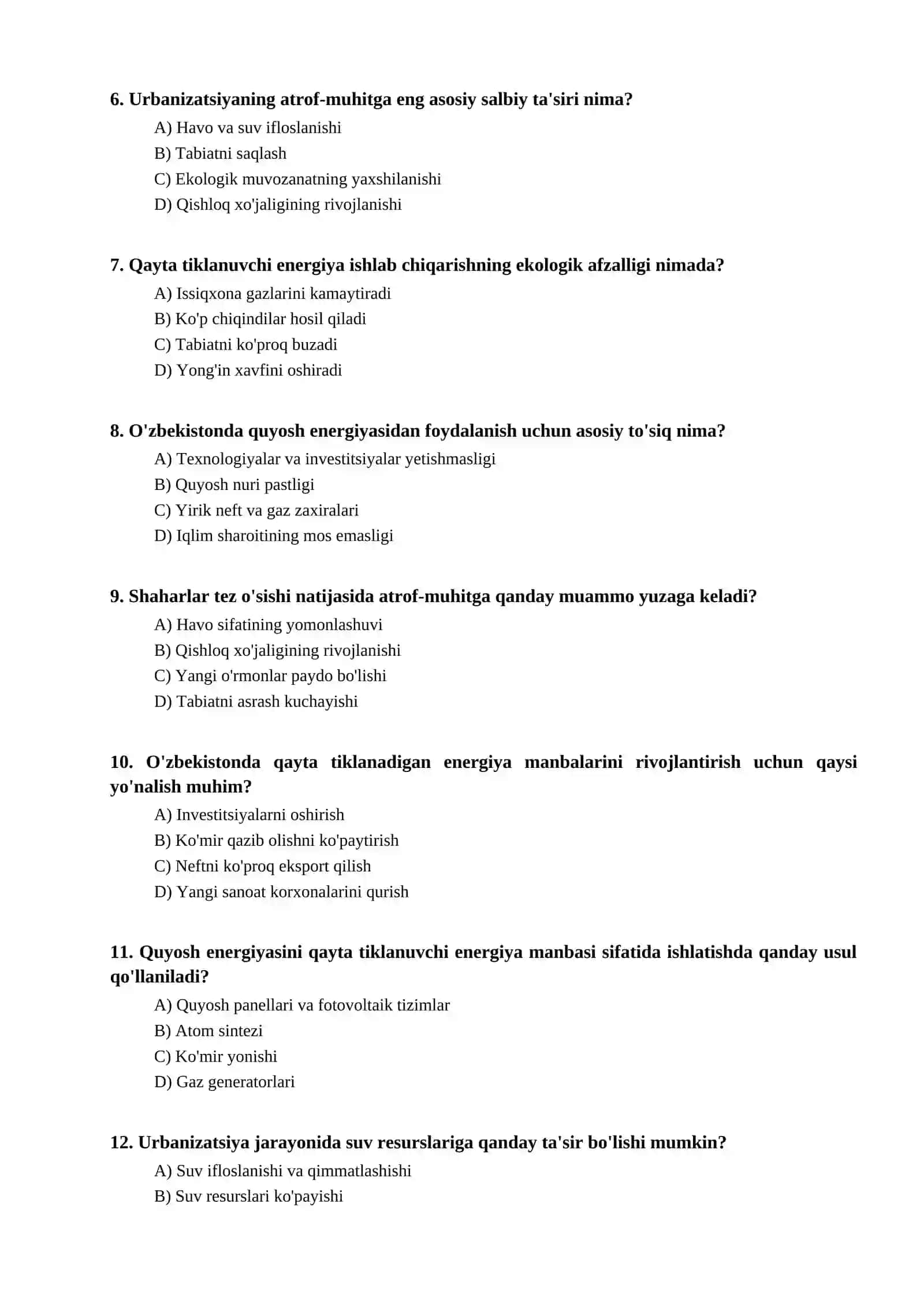 O'zbekistonda qayta tiklanuvchi energiya manbalari va urbanizatsiyaning atrof-muhitga ta'siri bo'yicha test 2