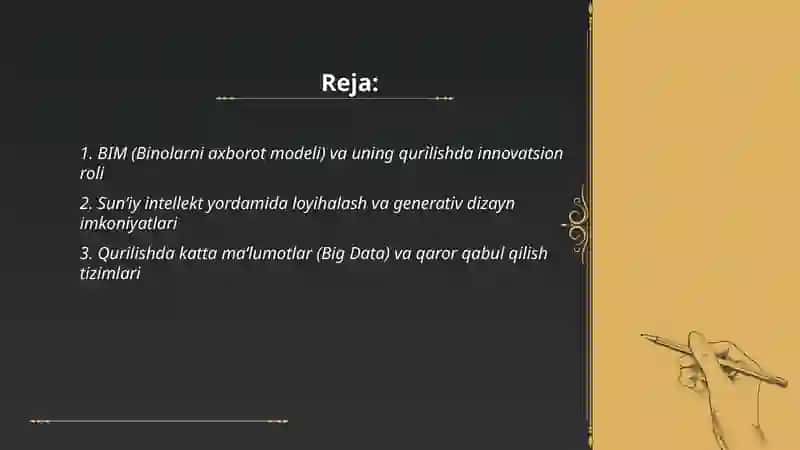 Qurilish sohasida innovasion rivojlanish, raqamlashtirish va sun’iy intelektning qo’llanish imkoniyatlari va xavf-xatarlari. 2