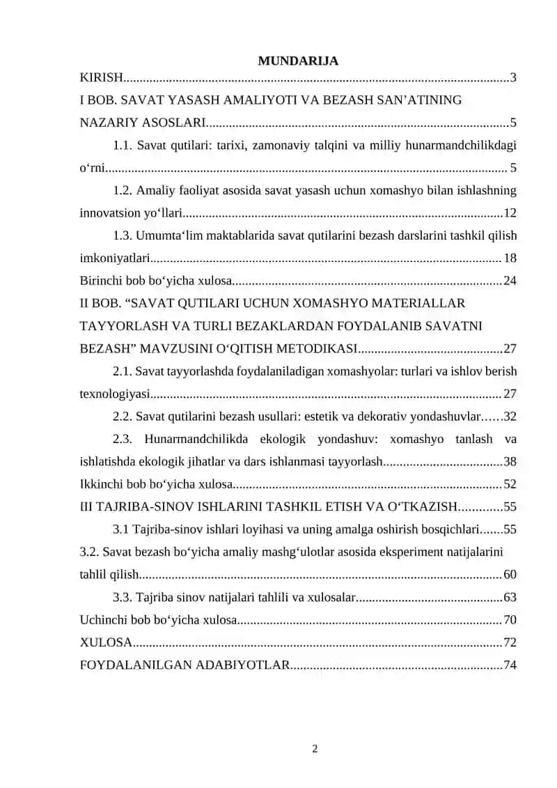SAVAT QUTILARI UCHUN XOMASHYO MATERIALLAR TAYYORLASH VA TURLI BEZAKLARDAN FOYDALANIB SAVATNI BEZASH 2