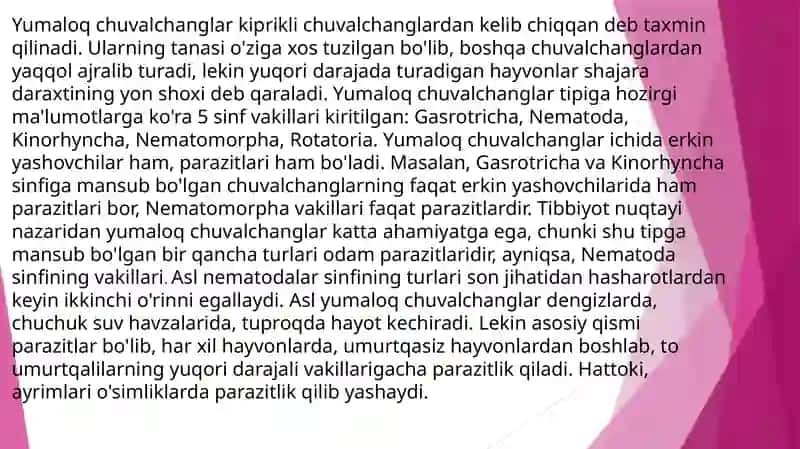 Yumaloq chuvalchanglar:askarida, ostritsa, filyariya, trixinella, egri(qiyshiq)boshli gijja, rishta, qil boshli gijja 2
