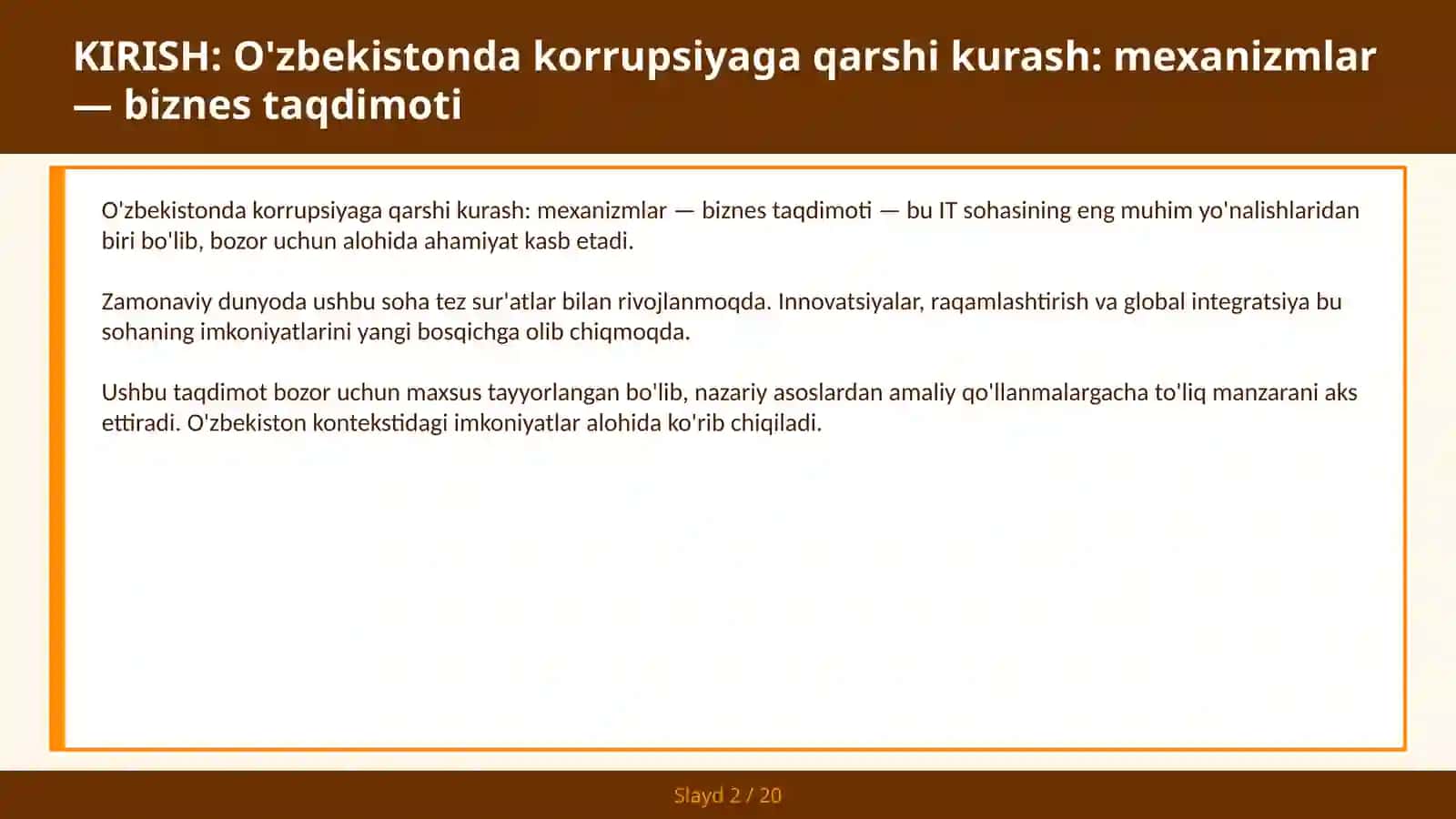 O'zbekistonda korrupsiyaga qarshi kurash: mexanizmlar — biznes taqdimoti 2