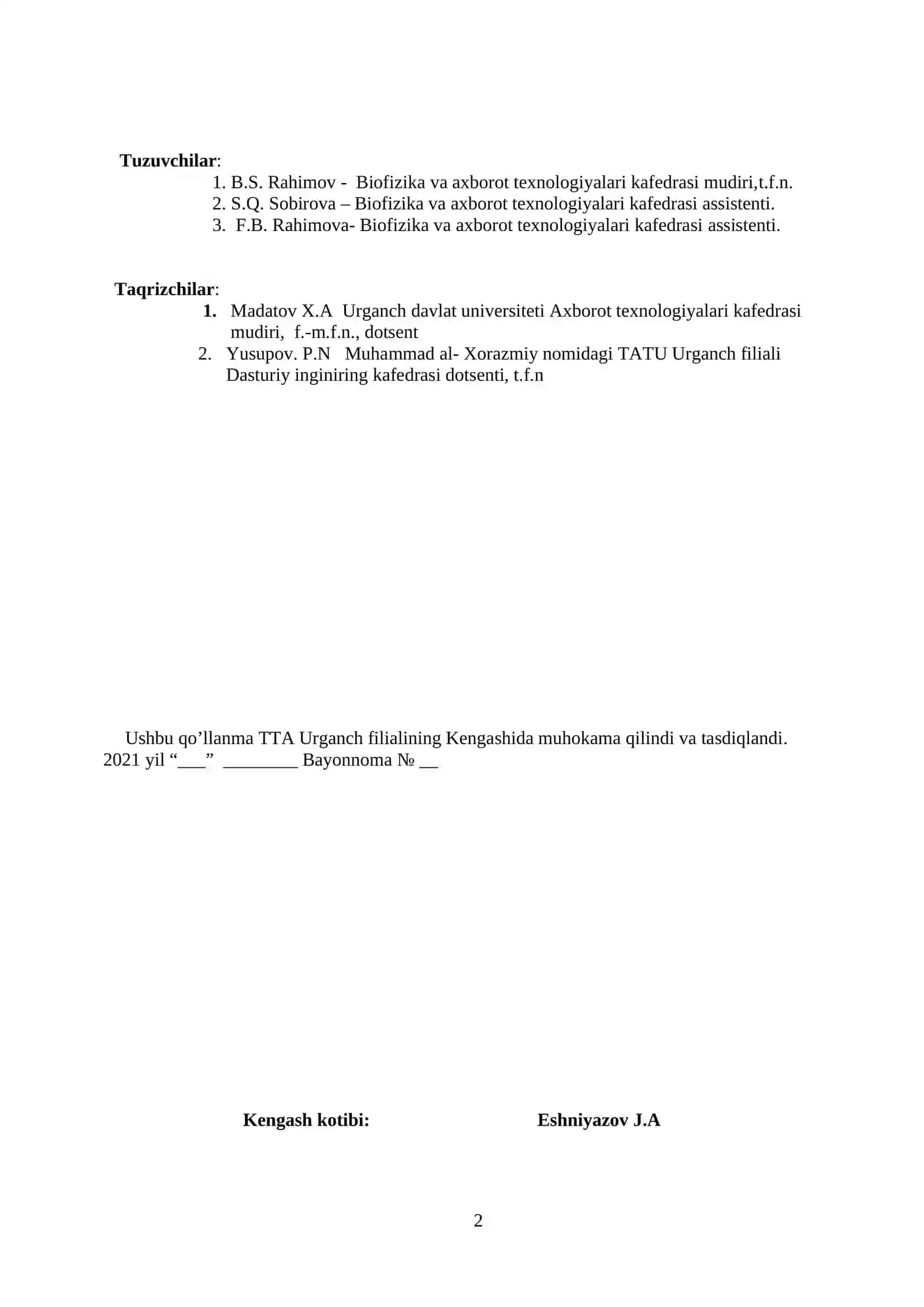 TIBBIYOTDA AXBOROT TEXNOLOGIYALARI FANIDAN TIBBIYOT OLIYGOHLARI PEDIATRIYA FAKULTETI 1- KURS PEDIATRIYA ISHI YO’NALISHI TALABALARINING LABORATORIYA ISHLARINI BAJARISH UCHUN USLUBIY QO’LLANMA 2