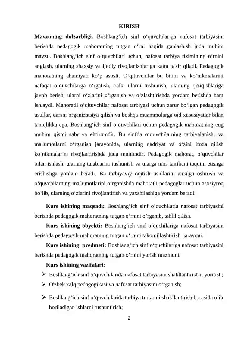 BOSHLANGʻICH SINF OʻQUCHILARIGA NAFOSAT TARBIYASINI BERISHDA PEDAGOGIK MAHORATNING TUTGAN O‘RNI KURS ISHI 2