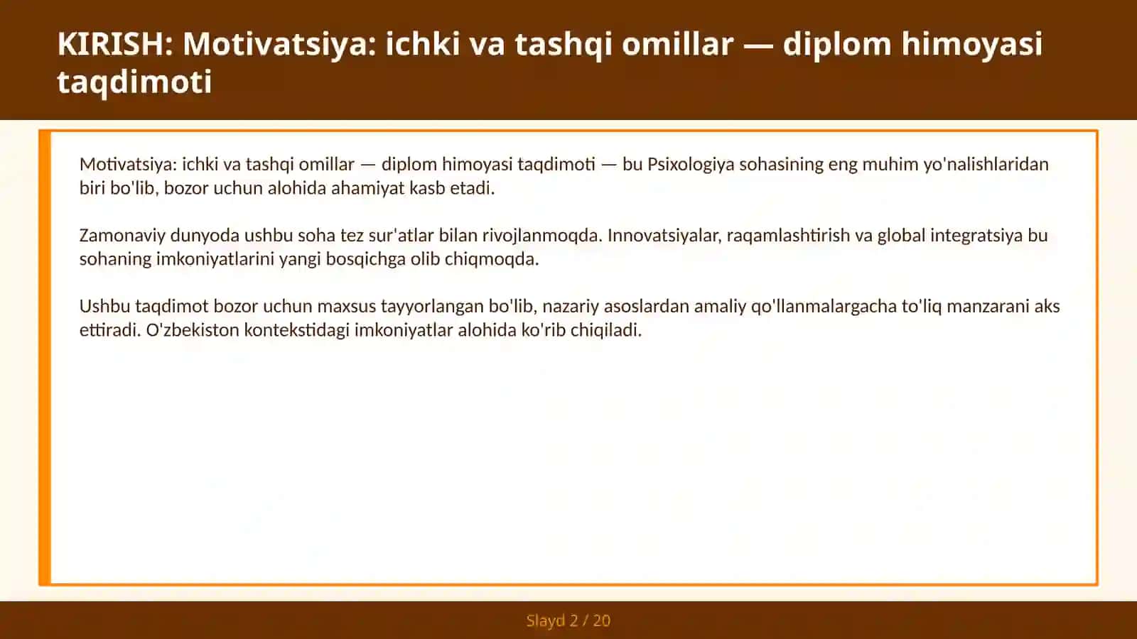 Motivatsiya: ichki va tashqi omillar — diplom himoyasi taqdimoti 2