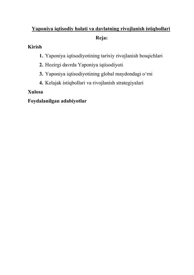 Yaponiyaning iqtisodiy holati va davlatning rivojlanish istiqbollari 2