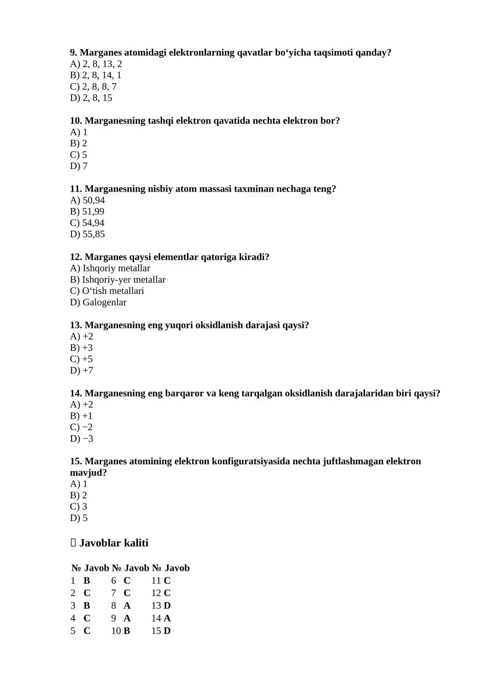 Marganesning davriy jadvaldagi o‘rni va atom tuzilishi — 15 ta test 2