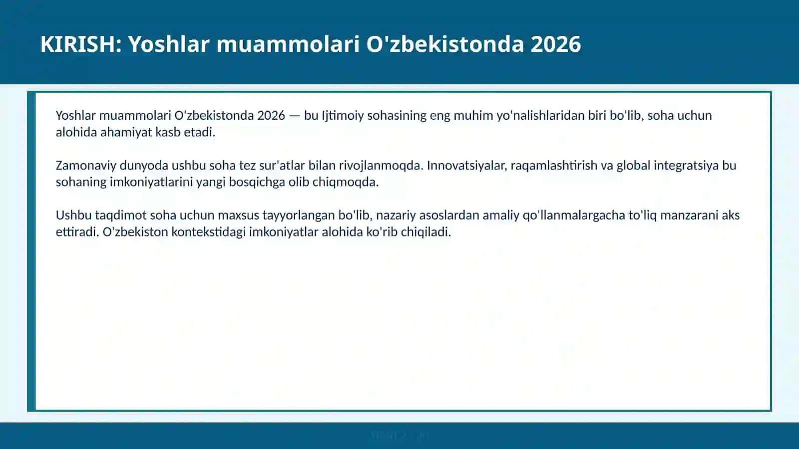 Yoshlar muammolari O'zbekistonda 2026 2