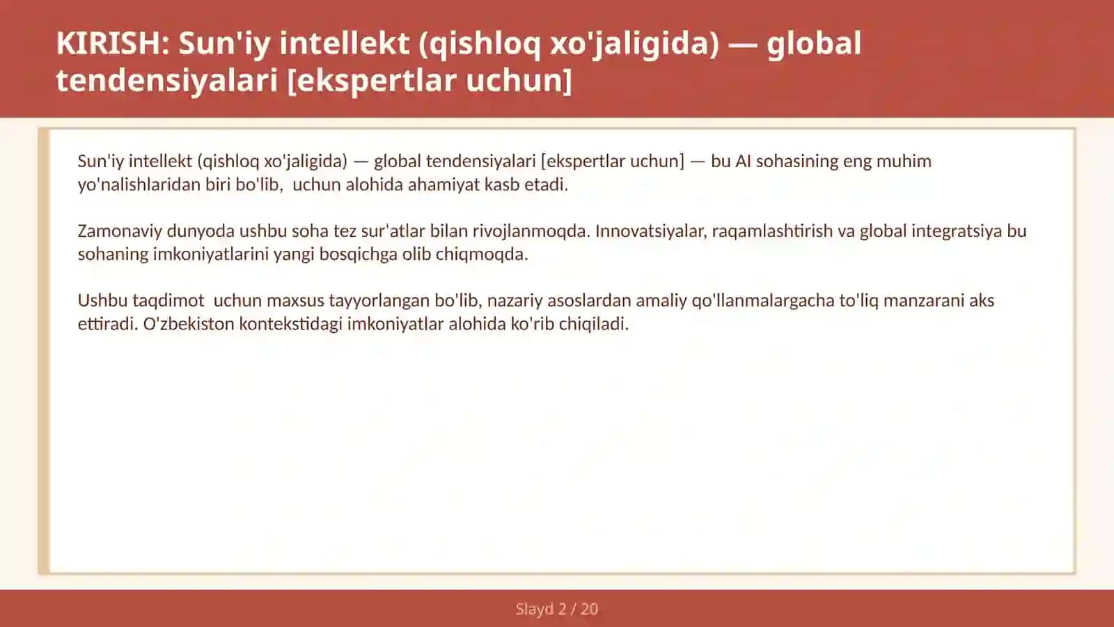 SUN'IY INTELLEKT (QISHLOQ XO'JALIGIDA) — GLOBAL TENDENSIYALARI [EKSPERTLAR UCHUN] 2